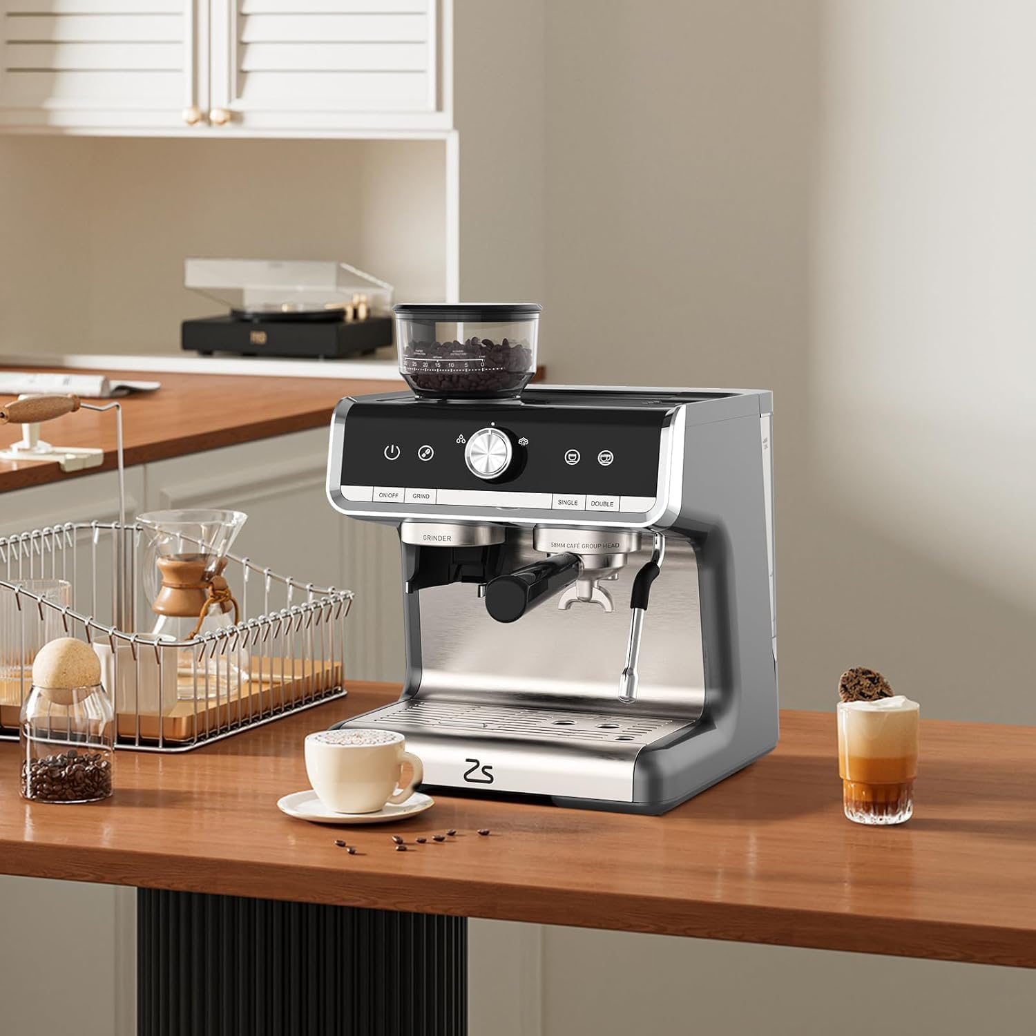 Professional 20 Bar Semi-Automatic Espresso Machine with 30 Grinder Settings & Milk Frother - 1450W Fast Heating Coffee Maker for Home, Cafe & Hotel Use - Silver Gray - Perfect for Latte, Cappuccino & Espresso Lovers
