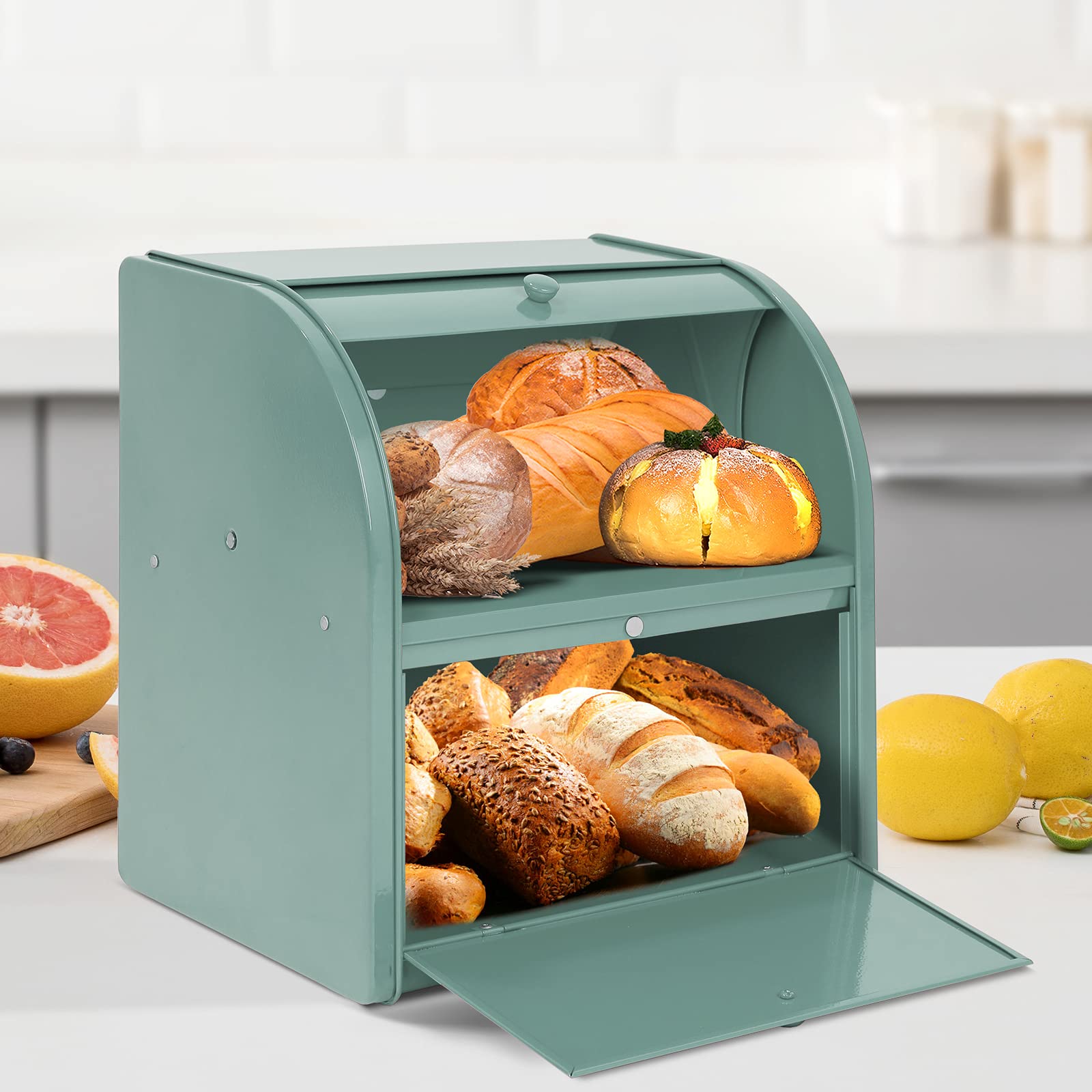 Stainless Steel Bread Box for Kitchen Countertop - Large Capacity Bread Storage Container Holds 2 Loaves - Rustic Farmhouse Style Bread Holder - Perfect for Organizing Baguettes, Sourdough, and Homemade Bread - Ideal for Kitchens, Bakeries, and Pantry Storage
