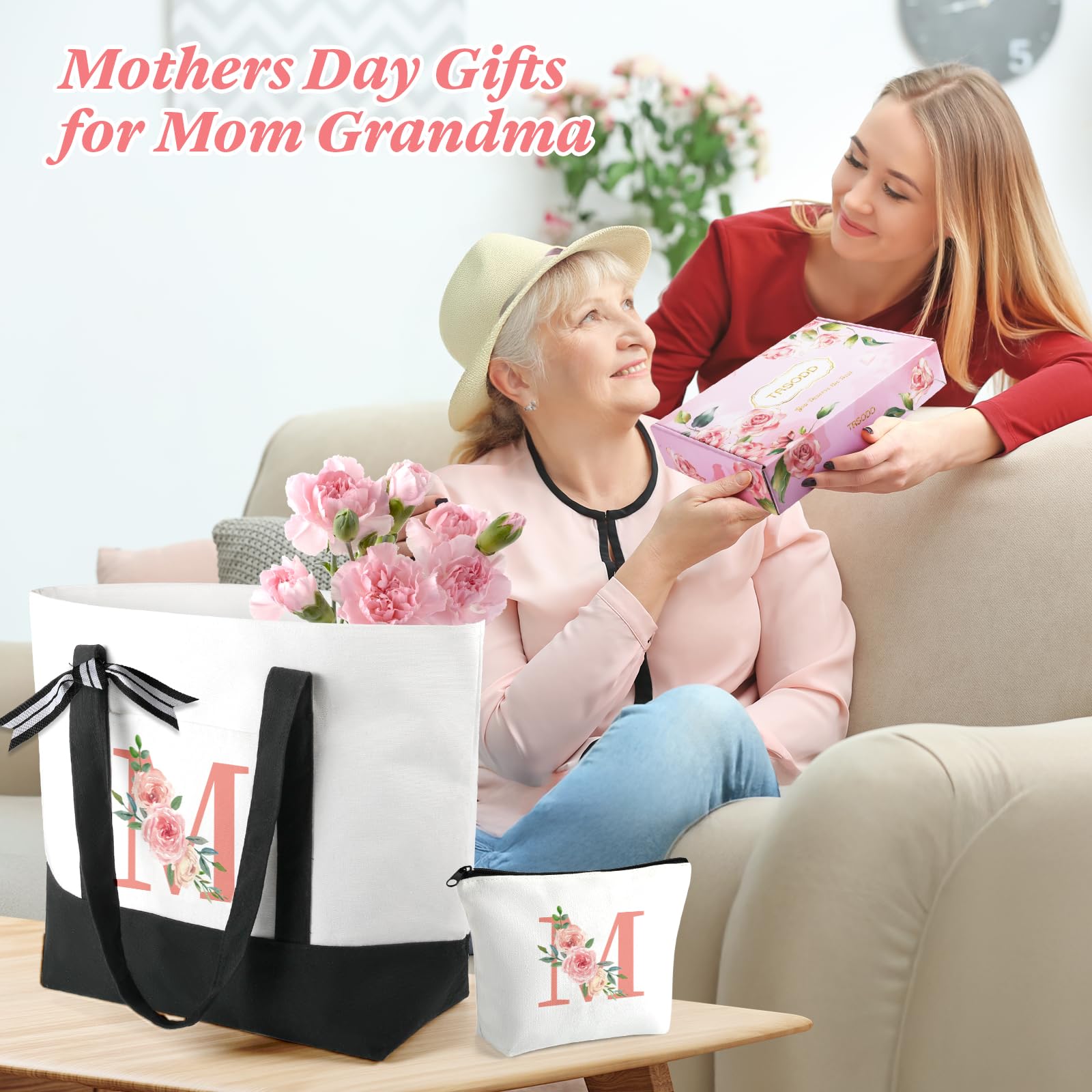 TRSODD Mimi Personalized Large Canvas Tote Bag & Makeup Bag Set - Best Mothers Day Gift & Birthday Gift for Women - Perfect for Travel, Shopping & Daily Use