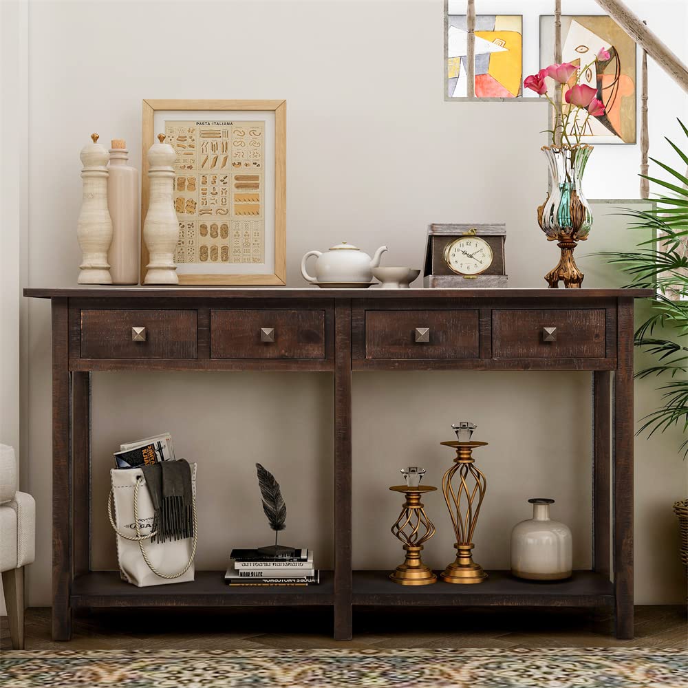 Rustic Wood Console Table with Storage Drawers & Bottom Shelf - Entryway Sofa Table, Long Accent Table for Living Room, Espresso Finish | Perfect for Hallway, Foyer & Behind Couch Storage Solution