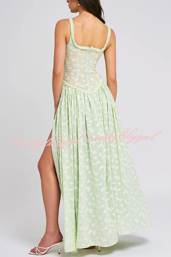 Elegant Garden Elf Lace Jacquard Textured Square Neck High Slit Maxi Dress for Women - Boho Summer Beach Wedding Party Evening Gown (Perfect for Garden Parties, Beach Vacations & Special Occasions)