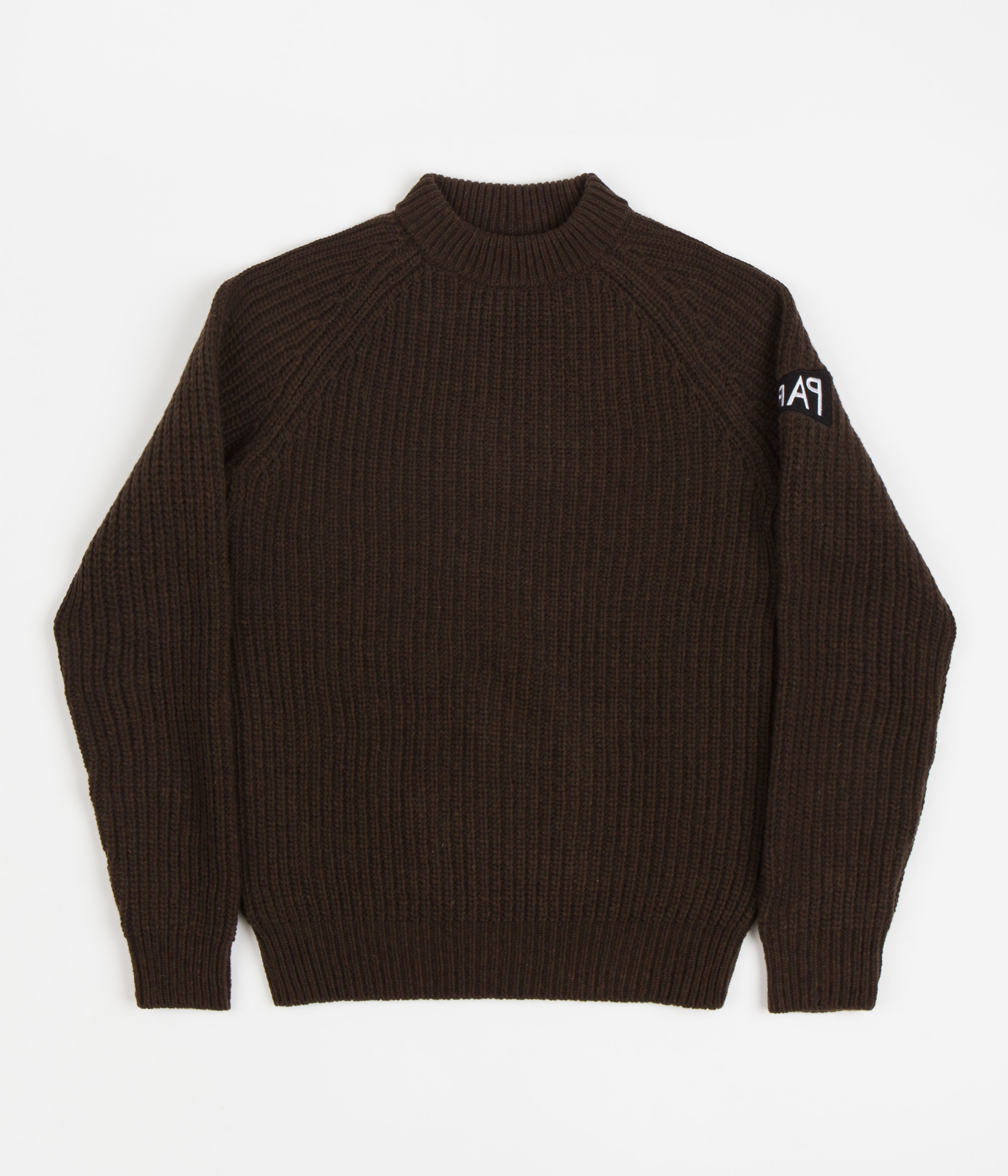 Parra Mirrored Flag Logo Knitted Sweatshirt - Camel Color Oversized Pullover for Men & Women | Streetwear Fashion, Casual Outfit, Urban Style