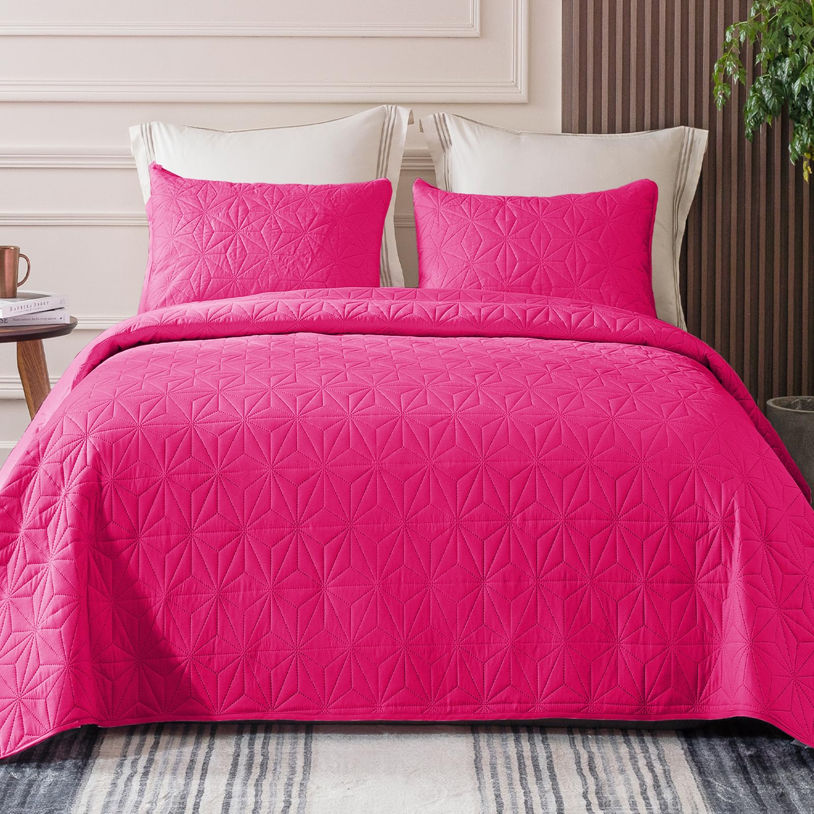 Whale Flotilla Queen Size Quilt Bedding Set - Soft Hot Pink 3-Piece Lightweight Geometric Star Pattern Coverlet for All Seasons | Bedroom Decor, Guest Room, Dorm Essentials