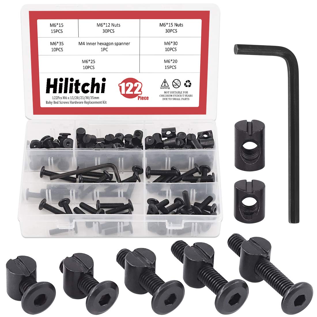 Hilitchi M6 120Pcs Black Hex Screws Bolts Kit for Baby Crib & Furniture (15-35mm) - DIY Assembly & Repair