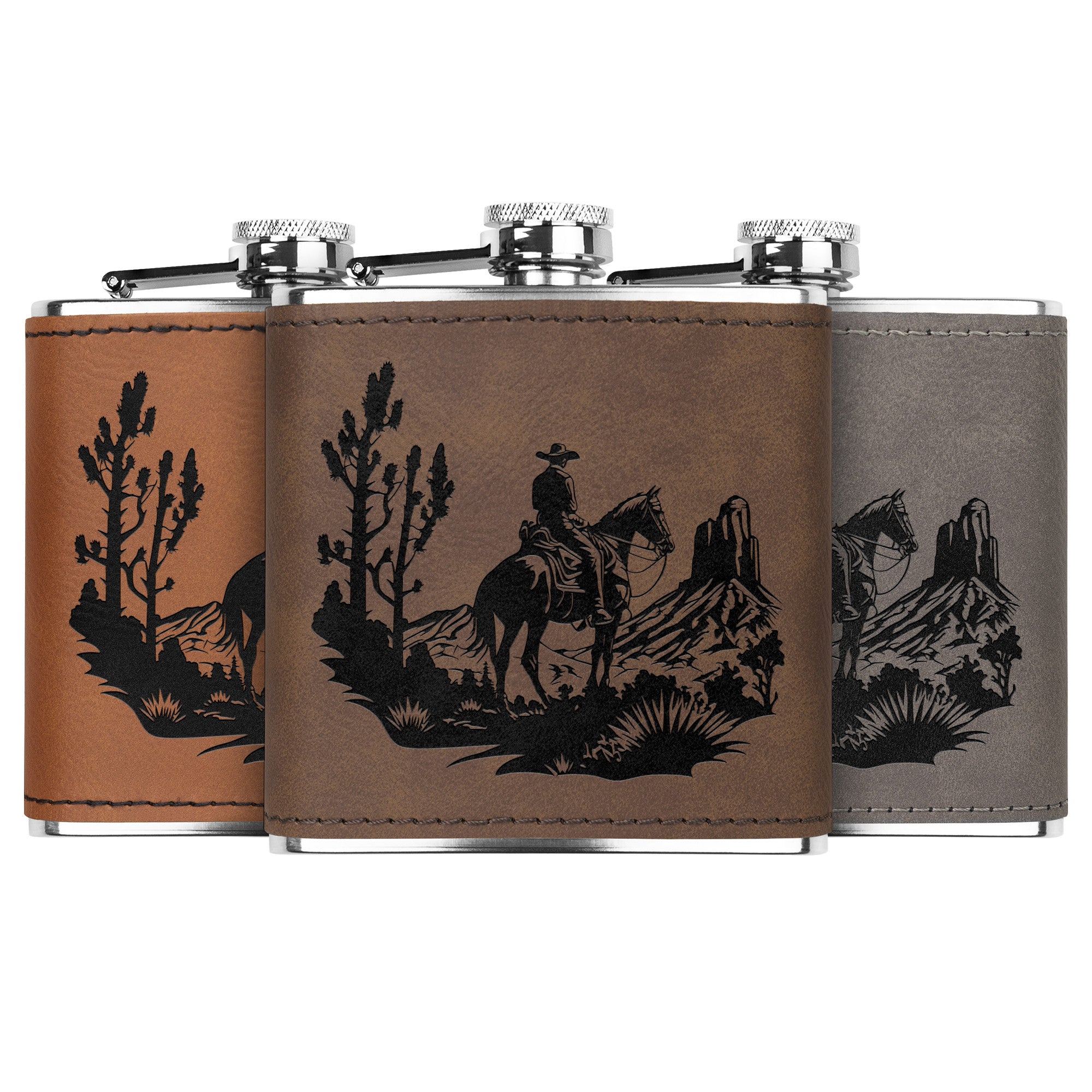 Premium Cowboy Desert Leather Flask - Engraved Metal Hip Flask for Whiskey, Bourbon & Liquor - Perfect for Outdoor Adventures, Camping & Gifts