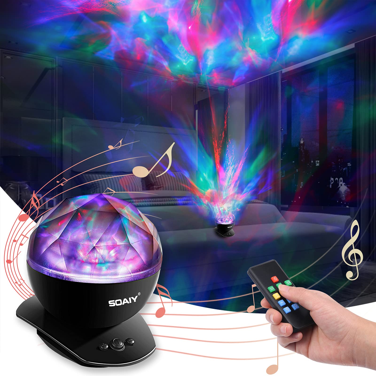SOAIY Aurora Borealis Light Projector with Remote - 8 Lighting Modes, Built-in Speaker & Timer - LED Northern Lights Projector for Bedroom, Kids Room, Meditation & Relaxation - Perfect for Adults, Teens & Children