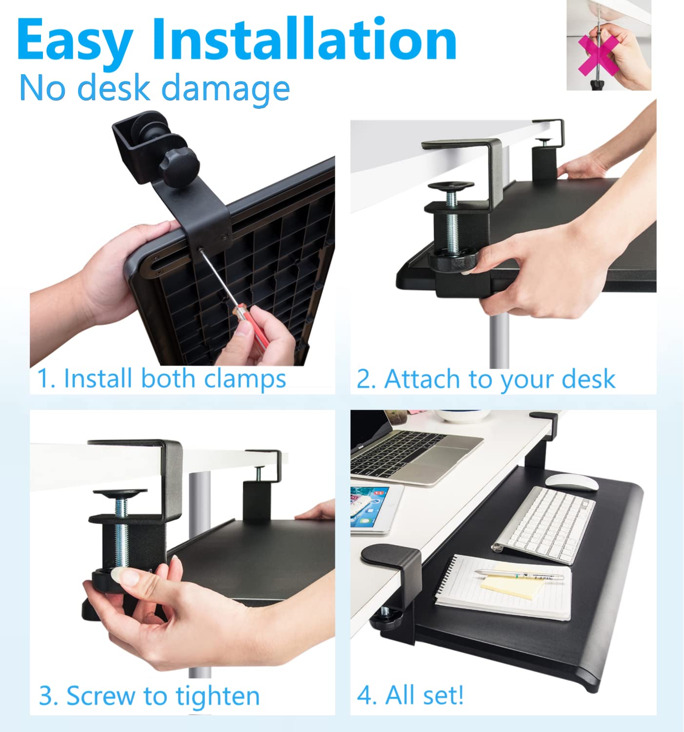 20 Inch Clamp On Keyboard Tray Under Desk - Adjustable Slide-Out Computer Keyboard Drawer for Ergonomic Typing | Easy Assembly Workspace Organizer for Home & Office Desks