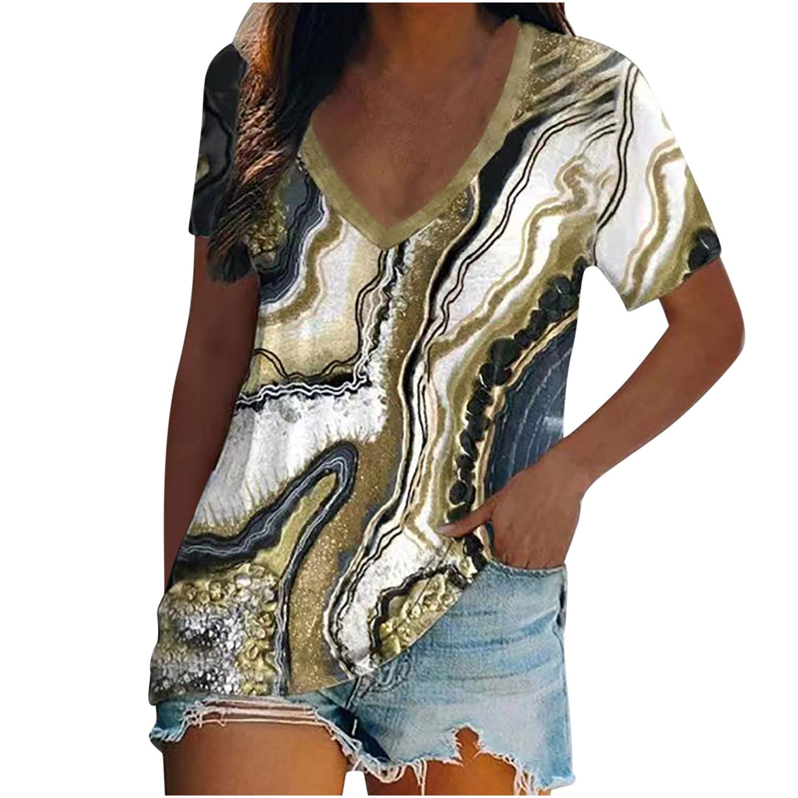 Women's V-Neck Short Sleeve Casual Blouse - Summer Gradient Loose Fit Basic Tank Top for Beach, Travel & Everyday Wear