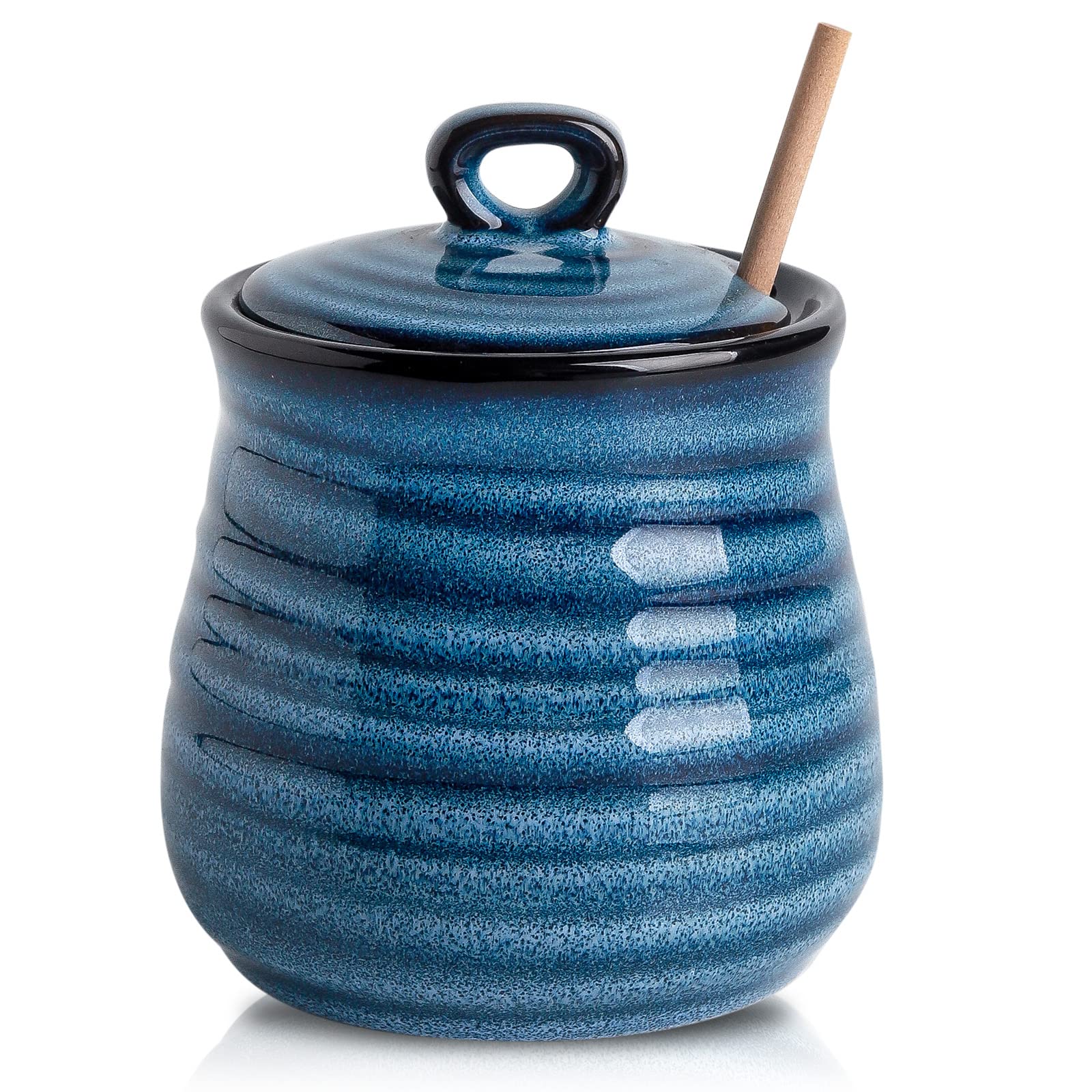 Hasense 12oz Ceramic Honey Pot with Lid & Wooden Dipper - Porcelain Honey Jar Set, Cute Blue Honey Dish - Perfect for Christmas Gifts, Wedding Favors, Tea Parties & Breakfast Tables - Dishwasher Safe Honey Container