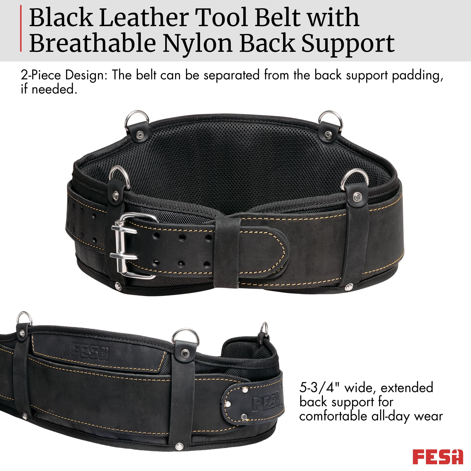 FESA Men's Padded Tool Belt with Leather Back Support - Breathable Nylon Padding Work Belt for Electricians & Construction Workers (35