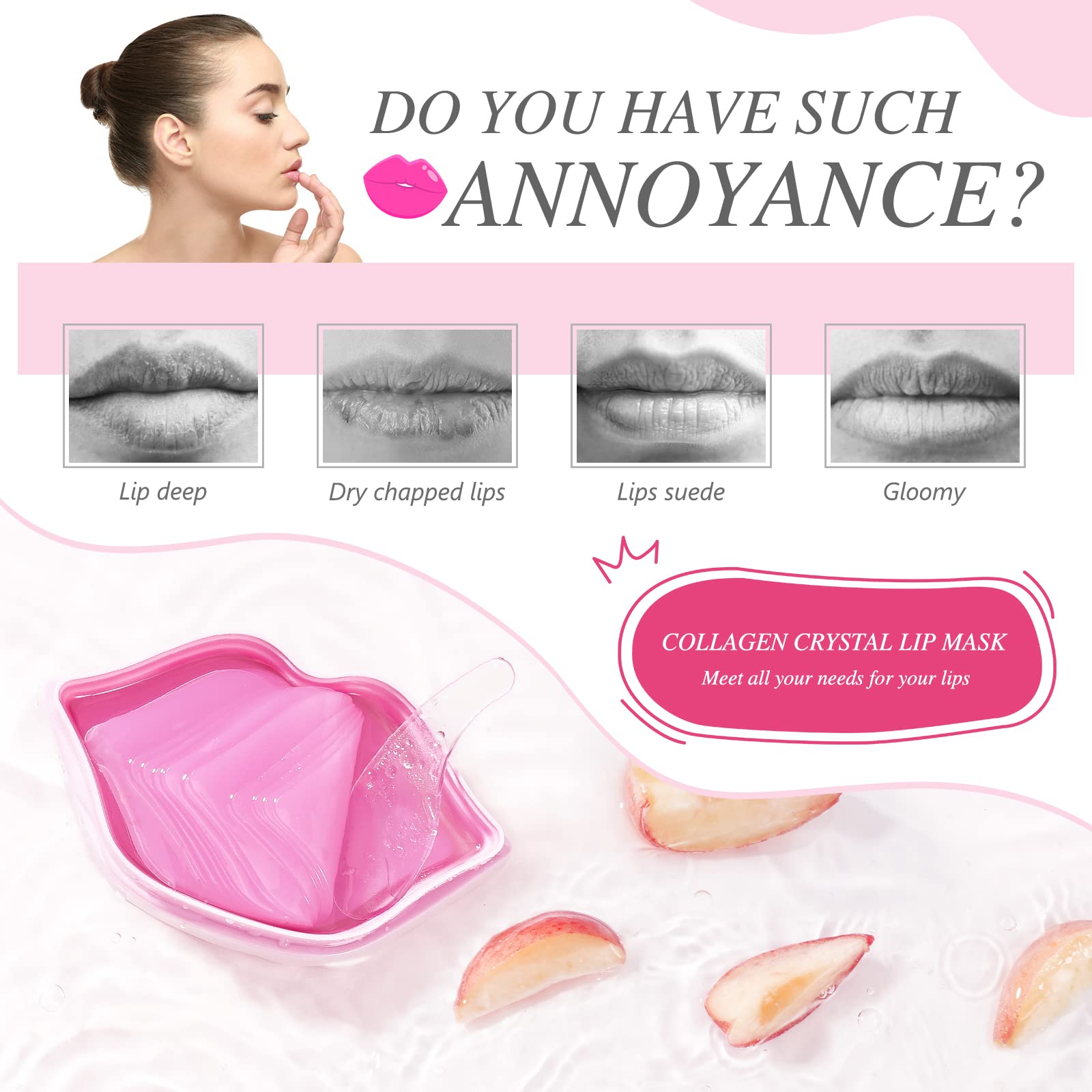 REBODUM Collagen Infused Lip Mask for Dry Lips - Deep Moisturizing Overnight Lip Treatment, Exfoliating & Hydrating Lip Care to Remove Dead Skin - Peach Scented, Pack of 20 (Perfect for Nighttime Lip Care & Pre-Makeup Prep)