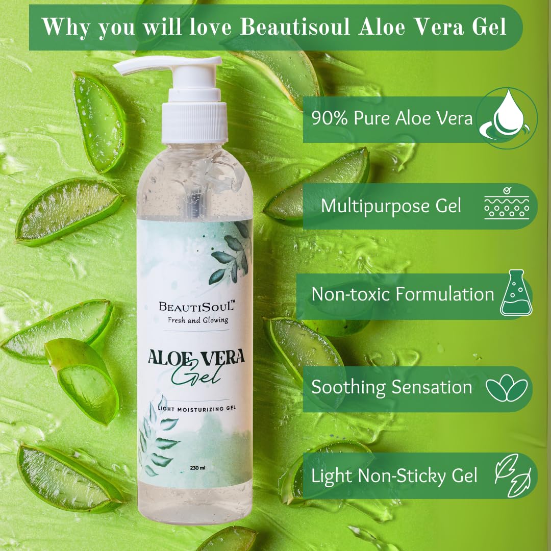 Beautisoul Pure Aloe Vera Gel with Tea Tree Oil for Face, Skin & Hair Care - 230ml | Hydrating Moisturizer for Sunburn Relief, Acne Treatment & Hair Growth | Perfect for Summer Skincare & Daily Beauty Routine