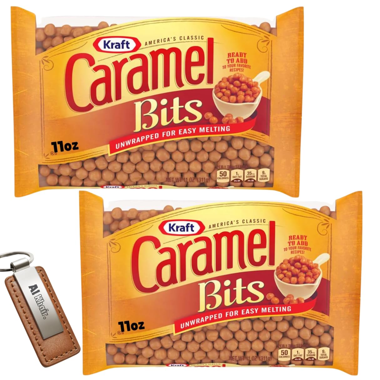 **Kraft Caramel Bits 11oz (Pack of 2) – Soft Chewy Caramel Candy for Baking, Topping & Candy Buffets – Unwrapped for Easy Melting – Perfect for Cookies, Brownies & Desserts (Includes Al Khair Key Chain)**