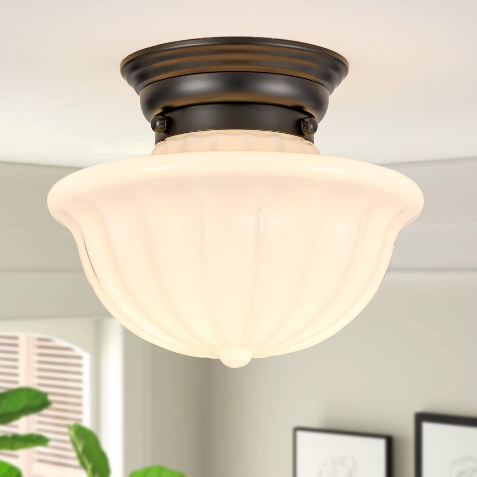 Vintage 9-Inch Black Schoolhouse Ceiling Light Fixture - Semi Flush Mount Hallway Lighting with White Milk Glass Shade - Mid Century Modern Ceiling Lamp for Bedroom, Kitchen, Entryway & Farmhouse Decor