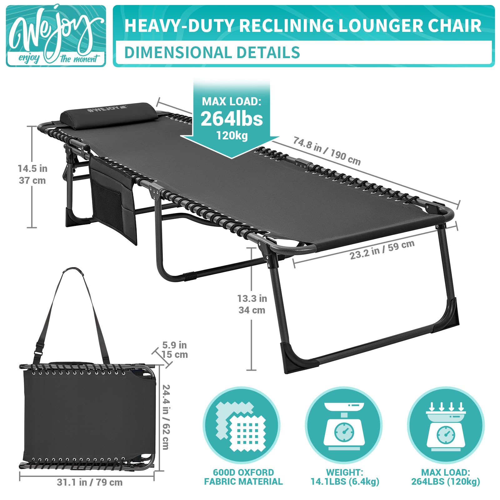 Premium WEJOY Outdoor Folding Chaise Lounge Chairs - 2 Pack Adjustable 5-Position Recliners for Patio, Beach, Pool & Camping - Heavy Duty Sunbathing Chairs with Shoulder Strap & Pillow - Perfect for Backyard Relaxation, Vacation & Outdoor Adventures