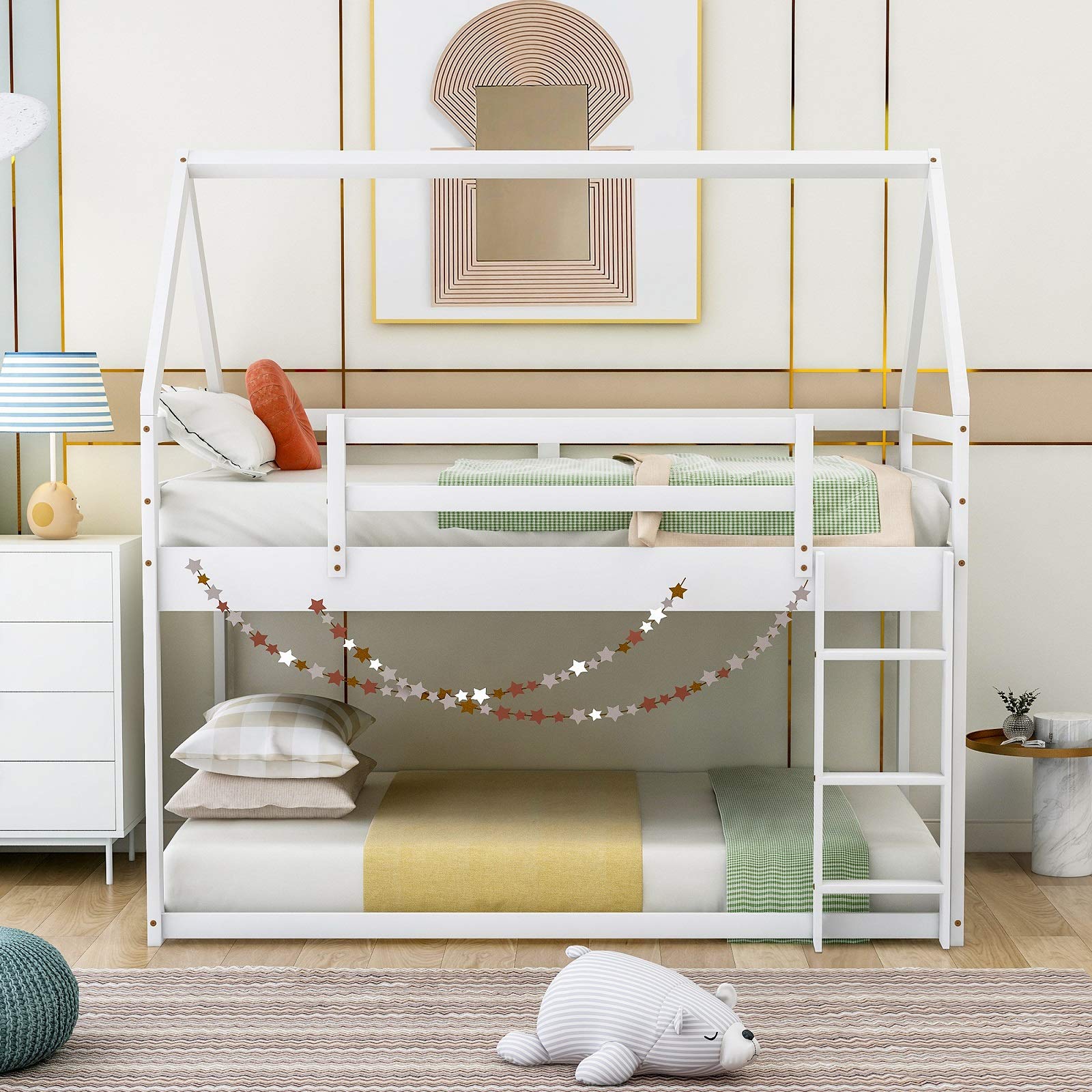 Rhomtree Twin Over Twin Low Bunk Bed with Roof - Sturdy Wood Loft Bed Frame for Kids & Toddlers, No Box Spring Needed, Easy Assembly (White) - Perfect for Small Bedrooms, Shared Kids Rooms & Space-Saving Home Decor
