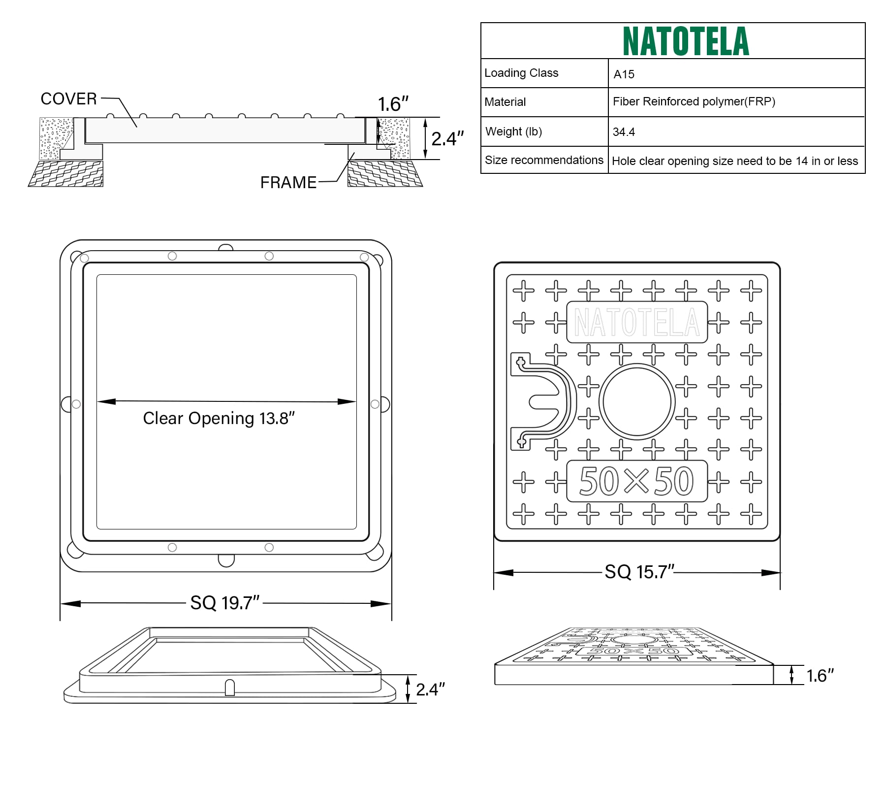 16x16 Inch Square Fiberglass Sewer Cover with Steel Reinforcement - 14x14in Clear Opening, Non-Slip Flat Manhole Lid with Handle - Durable 20x20in Sewage Basin Cover for Storm Drains, Parking Lots & Utility Access
