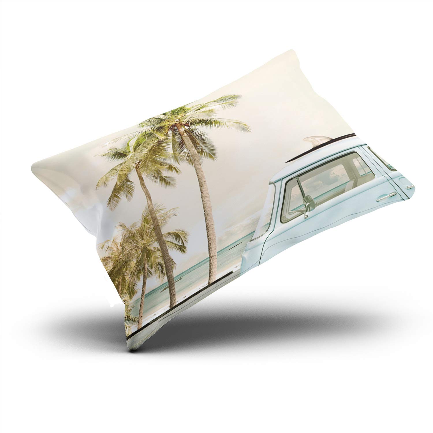 Tropical Beach Car with Surfboard Roof Throw Pillow Cover - Hidden Zipper Decorative Custom Pillow Case - Single Side Printed King Size 20x36 Inches - Perfect for Beach House Decor, Living Room Accent & Coastal Themed Bedroom