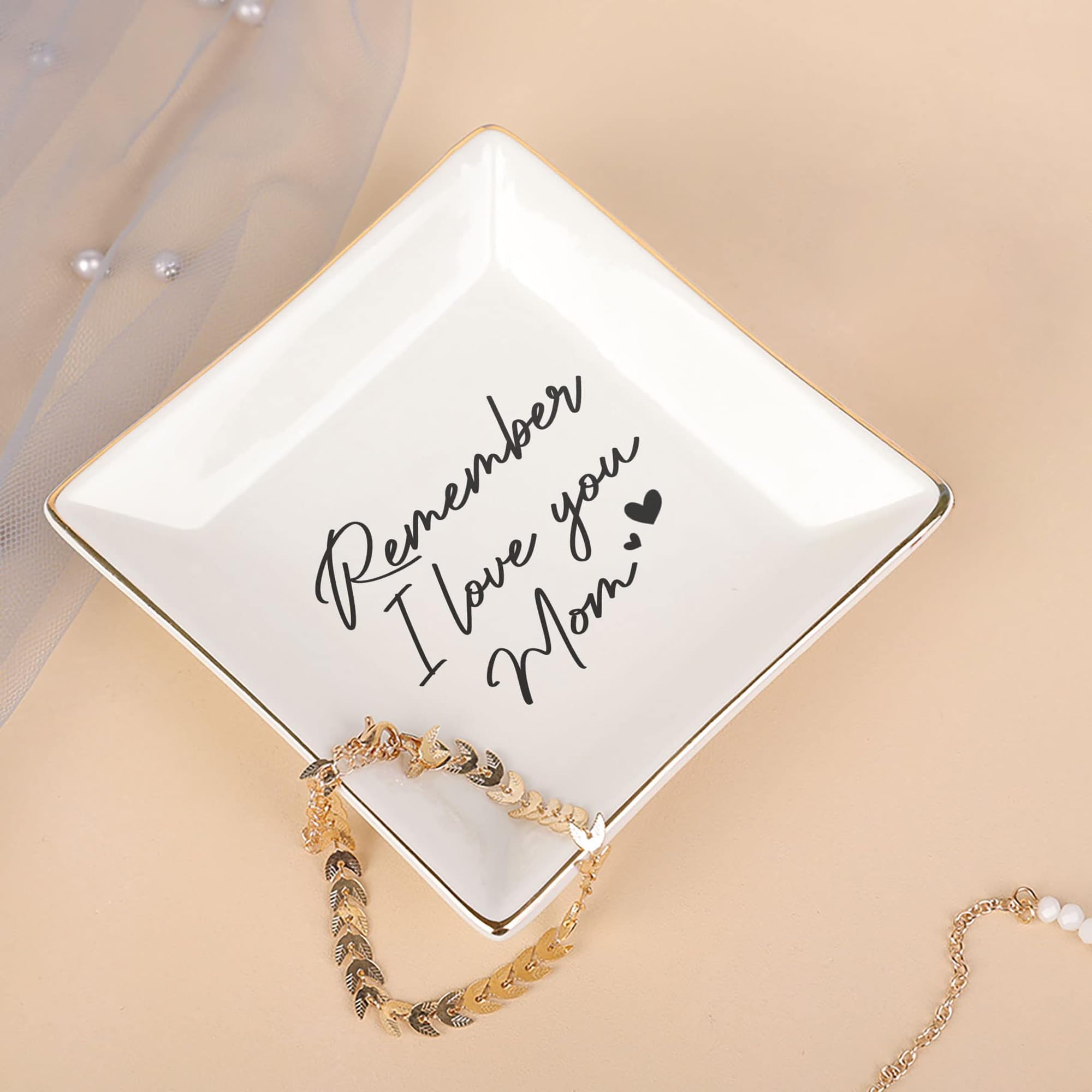 Remember I Love You Mom Ceramic Jewelry Tray - Heartfelt Birthday Gift for Mom from Daughter & Son | Mother's Day Present for Women | Perfect for Jewelry Storage, Vanity Decor & Keepsake Display