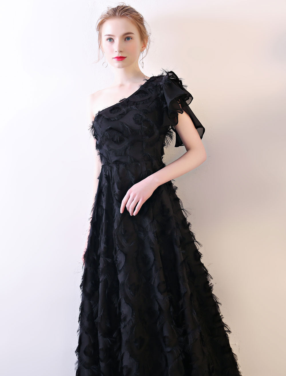 Elegant One Shoulder Black Evening Dress with Lace Ruffles & Sash - Floor Length Formal Gown for Prom, Wedding, Cocktail Party & Special Occasions