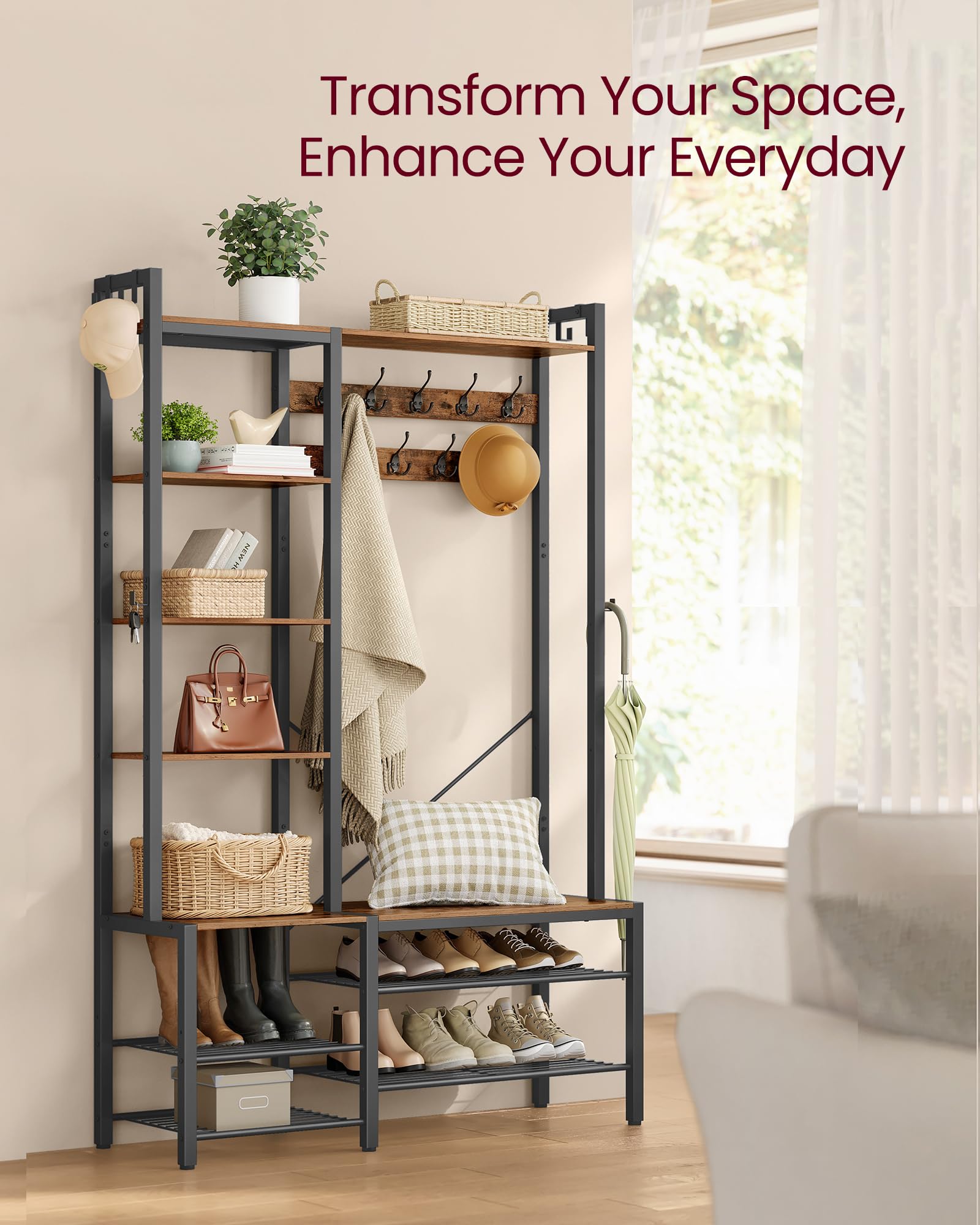 VASAGLE Entryway Hall Tree with Bench - 5-Tier Shoe Storage, 9 Coat Hooks & 6 Side Hooks - Rustic Brown & Black Coat Rack Organizer (47.2