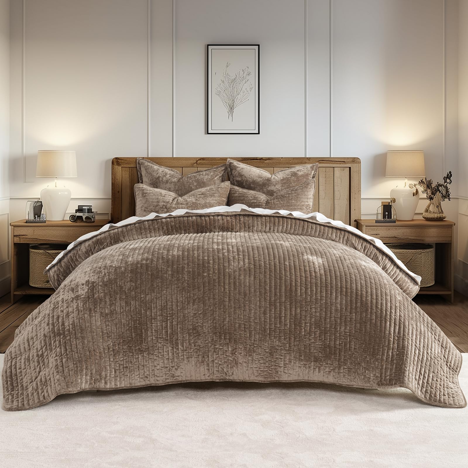 Luxurious Velvet Quilt Set King Size - Soft Striped Channel Bedding with Lightweight Comforter for All Seasons | Oversized Bedspread Coverlet & 2 Matching Shams in Mocha Brown | Perfect for Master Bedroom, Guest Room & Cozy Winter Nights