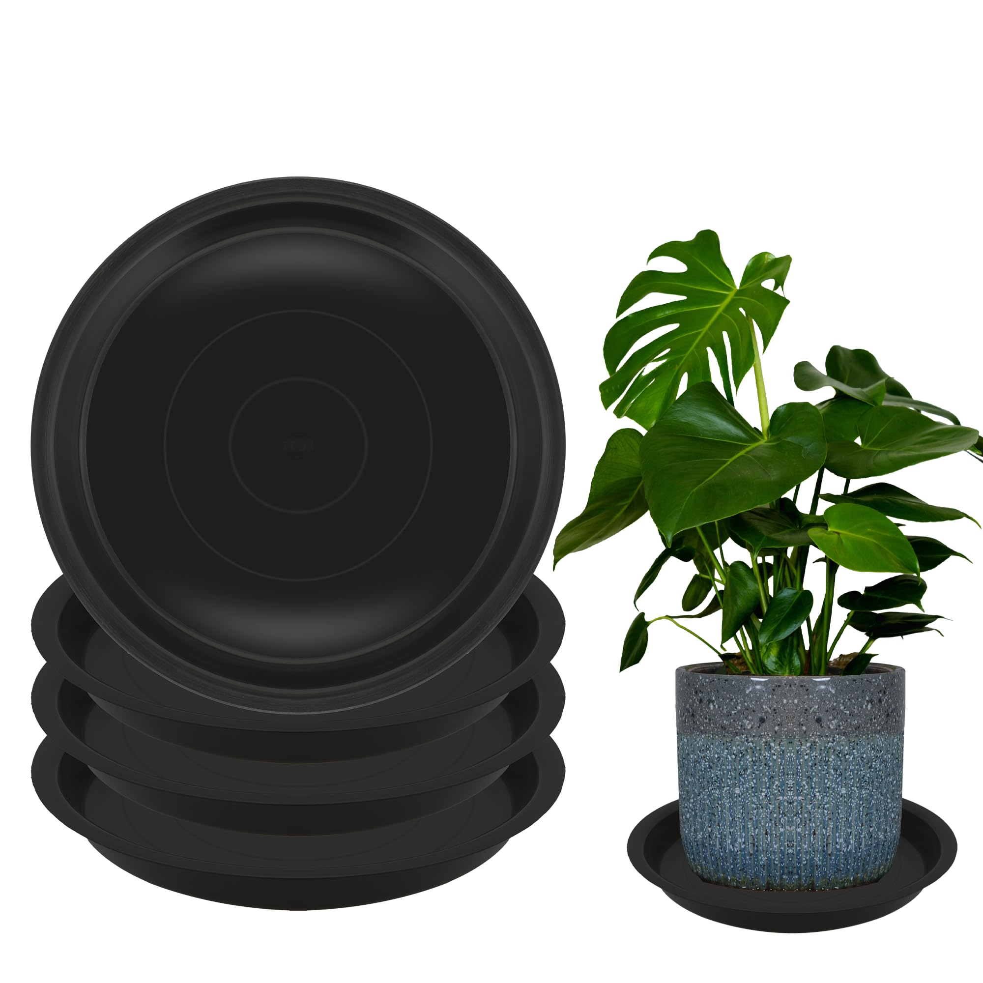 4 Pack 16 Inch Round Plastic Plant Saucers - Drip Trays for 14 Inch Pots Indoor & Outdoor Use - Black Plant Water Catchers for Potted Plants, Flowers & Planters (Set of 4) - Perfect for Balcony, Patio, Garden & Home Decor