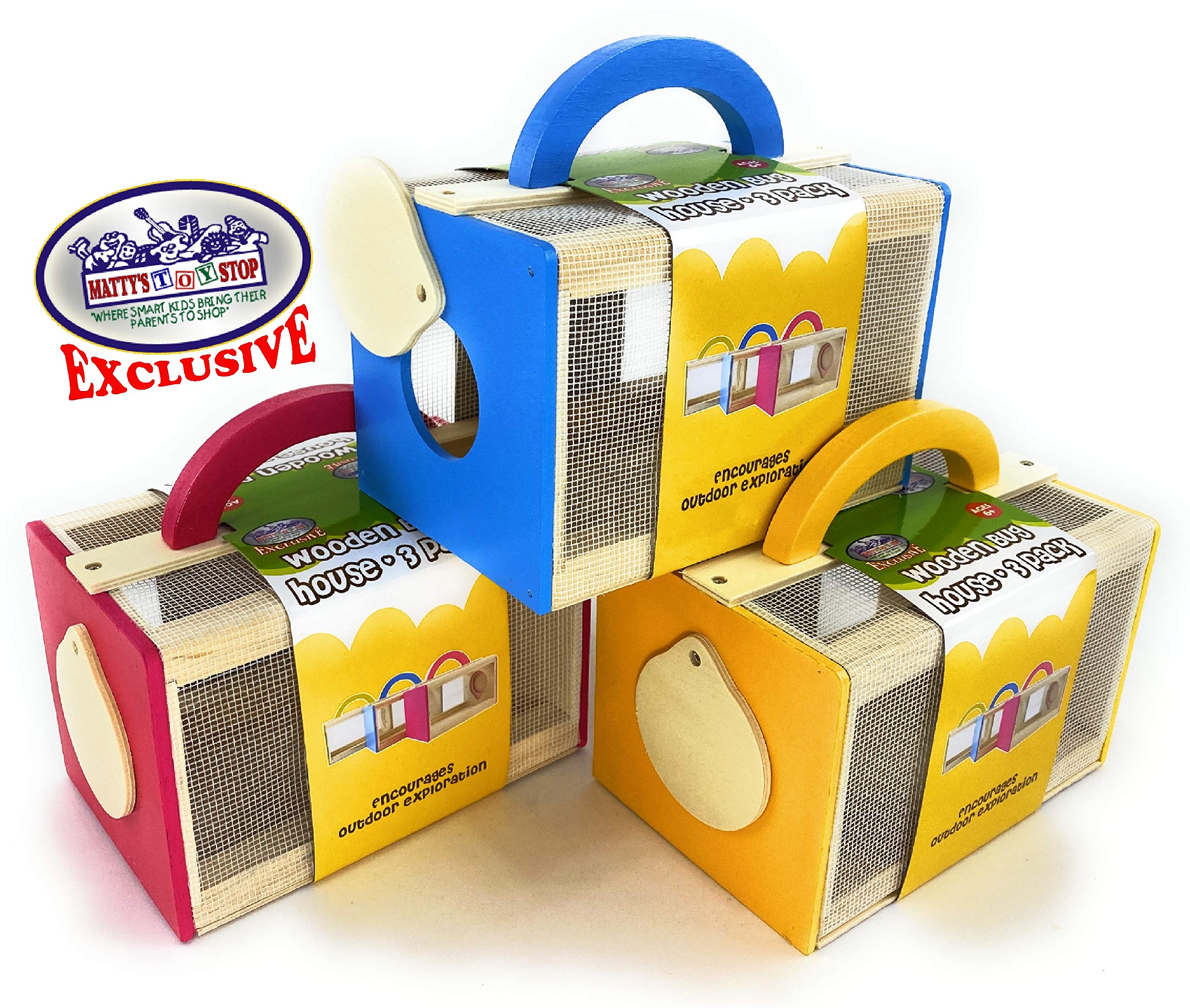 Wooden Bug House Insect Cages - 3 Pack (Blue, Red, Yellow) for Kids Outdoor Exploration