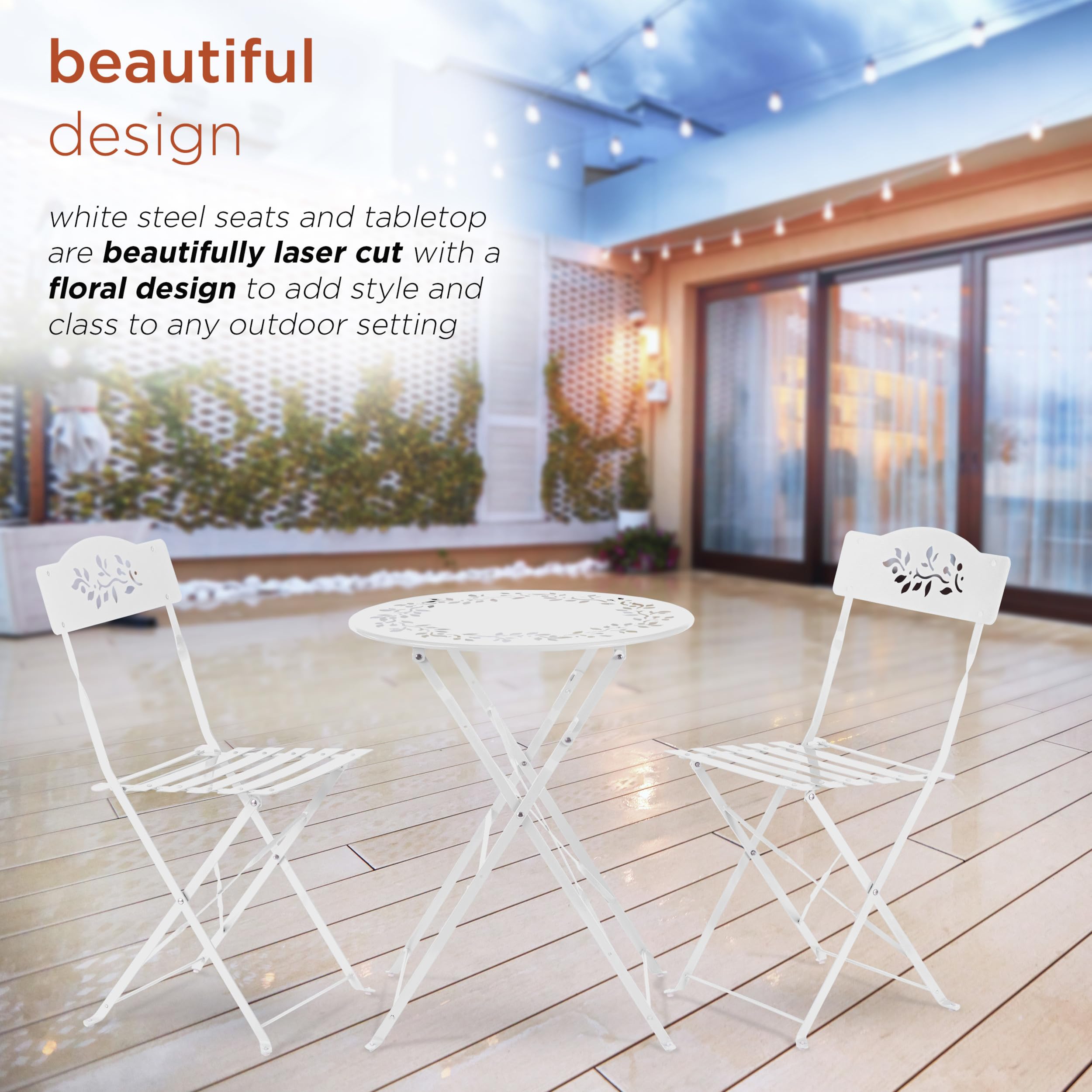 Alpine Corporation 3-Piece Bistro Set - White Folding Table & Chairs for Indoor/Outdoor Use - Perfect for Patio, Garden, Balcony & Small Space Dining