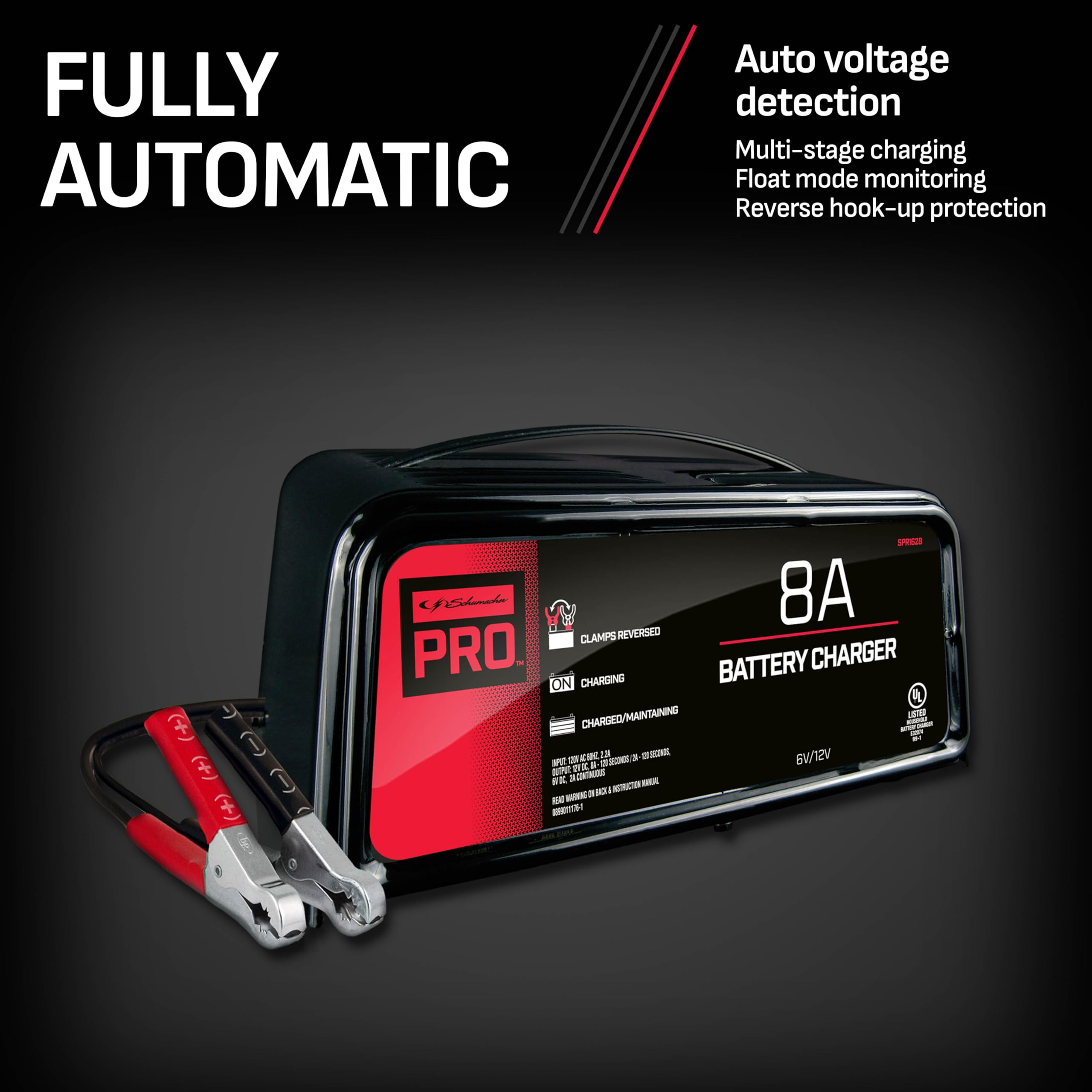 Schumacher SPR1628 3-in-1 8 Amp Fully Automatic Battery Charger & Maintainer - 6V/12V Compatible for Cars, Trucks, Motorcycles, ATVs, Boats & Marine Batteries | Ideal for Winter Storage, RV Maintenance & Power Sports Vehicles