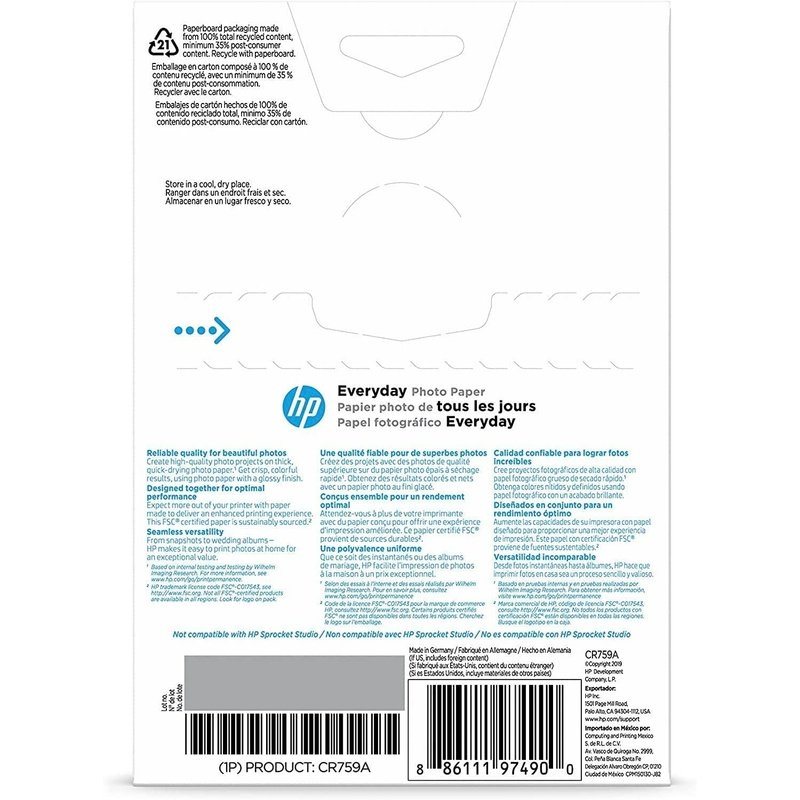 HP Everyday Photo Paper Glossy 100 Sheets (4x6 Inch) - Premium Quality for Home Printing, Photo Albums & Scrapbooking | CR759A