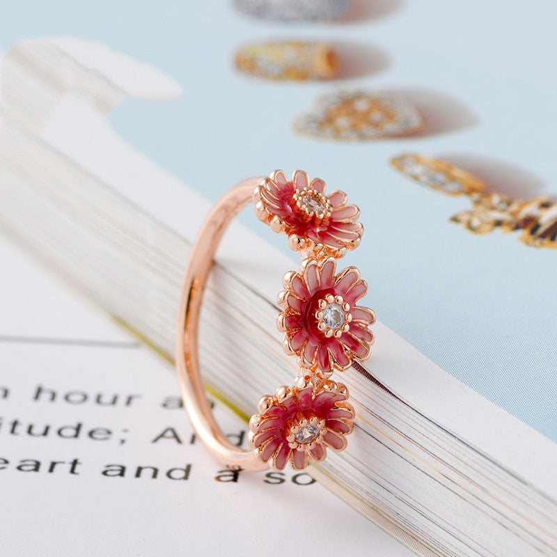 925 Sterling Silver Pink Daisy Flower Ring for Women - Elegant Bohemian Jewelry for Everyday Wear & Special Occasions
