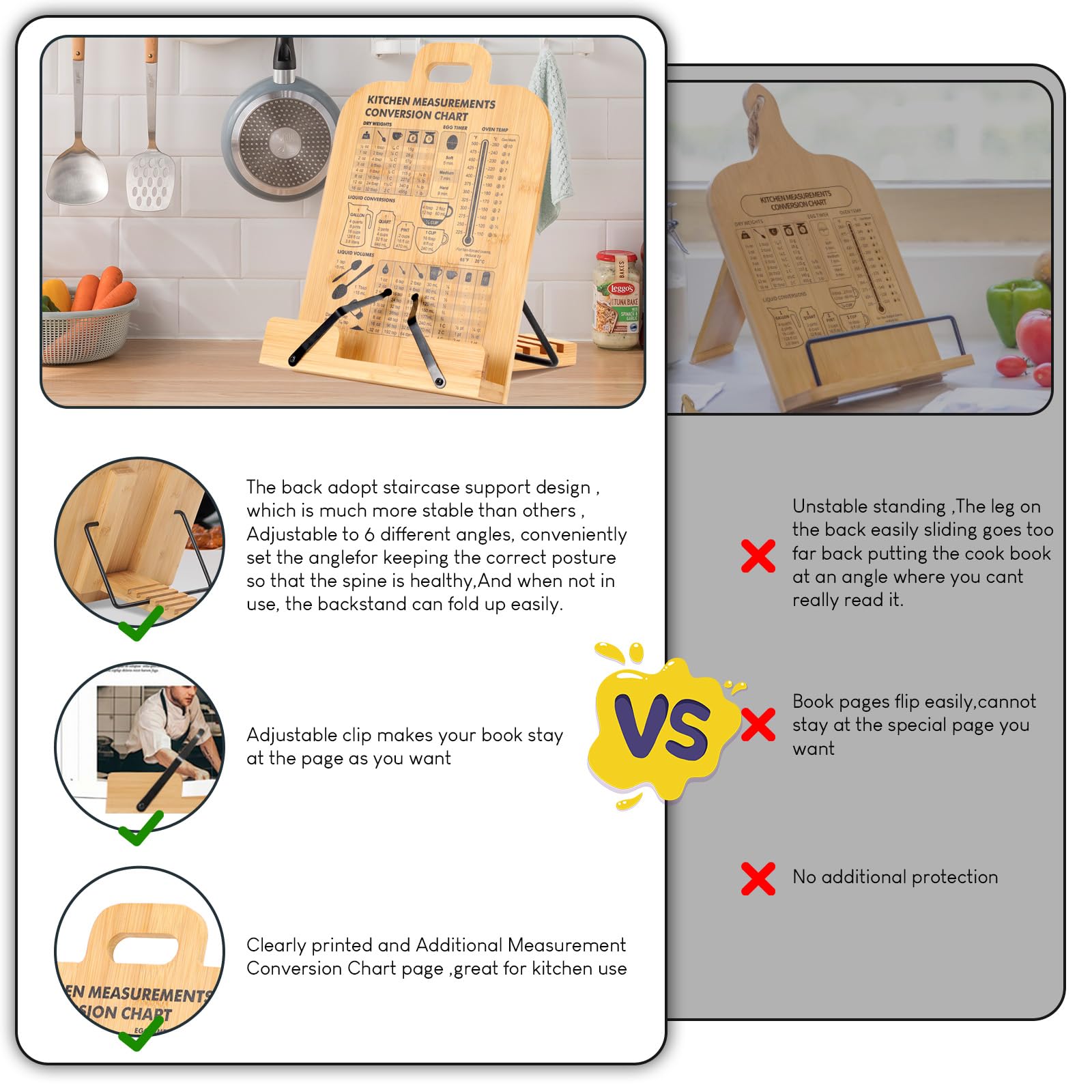 Bamboo Cookbook Stand with Kitchen Conversion Chart - Recipe Holder for Kitchen Counter, Cookbook & iPad Stand - Includes Bonus Conversion Sheet - Perfect for Baking, Cooking & Meal Prep