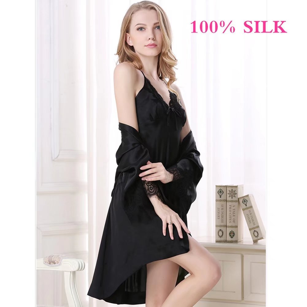 Women's 100% Silk Long Nightgown & Robe Set - Pink Lace Sleepwear for Summer | Comfortable & Sexy Pajamas for Relaxing at Home or Romantic Evenings