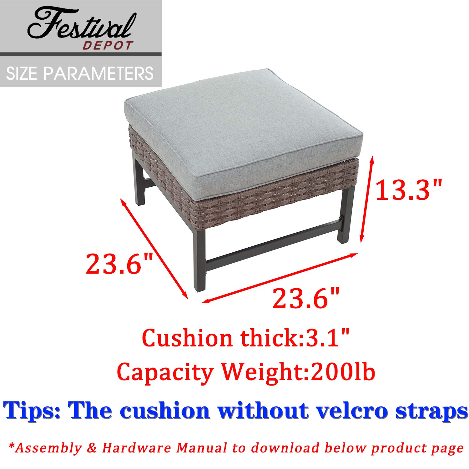Festival Depot All-Weather Square Wicker Patio Ottoman with Cushion - Outdoor Metal Frame Footstool for Garden, Yard & Lawn - Perfect for Relaxing by the Pool or Entertaining on the Deck