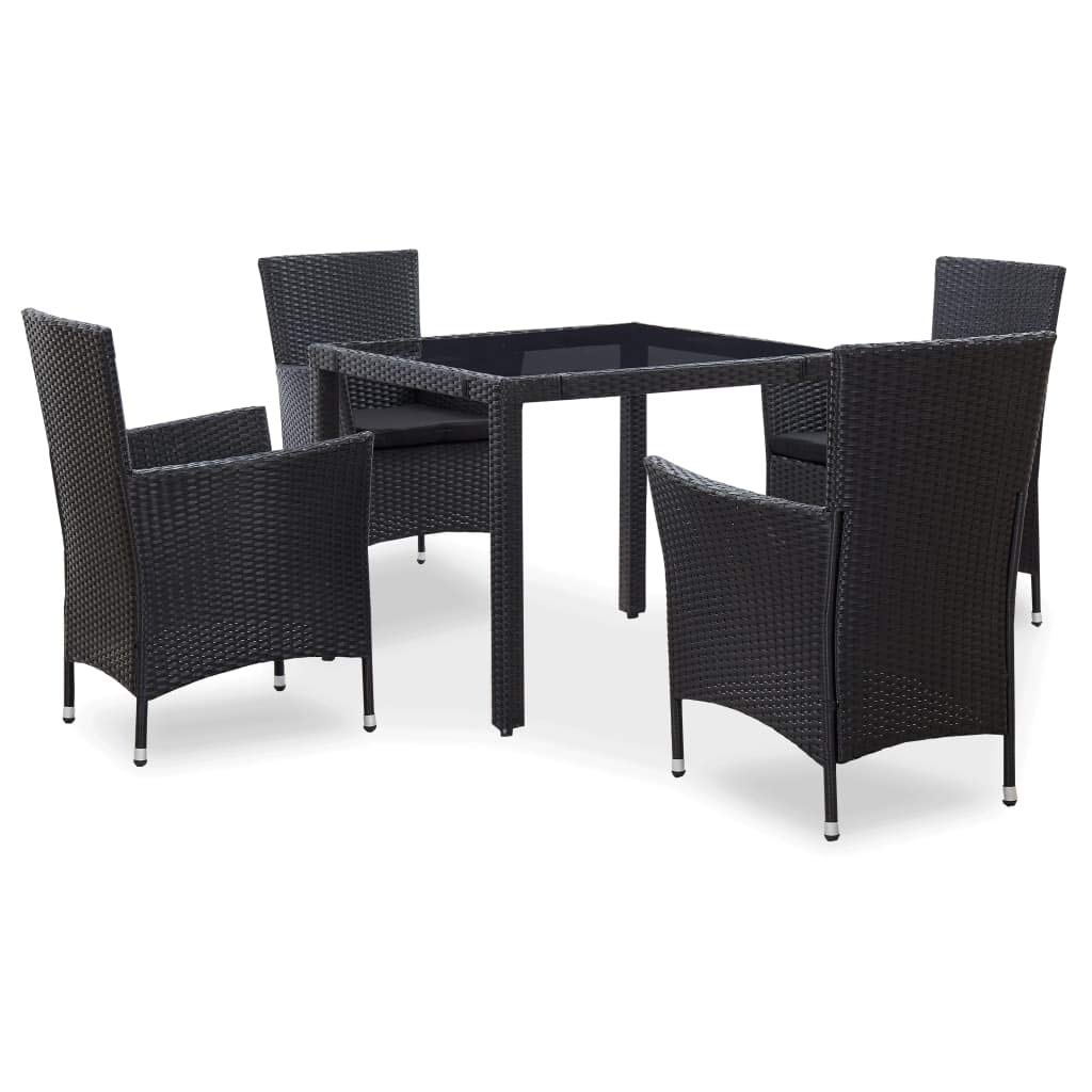 5-Piece Outdoor Dining Set with Large Glass Table Top & Poly Rattan Chairs - Patio Furniture Set with Armrests & Cushions - Perfect for Backyard, Garden, Poolside Dining and Outdoor Entertaining