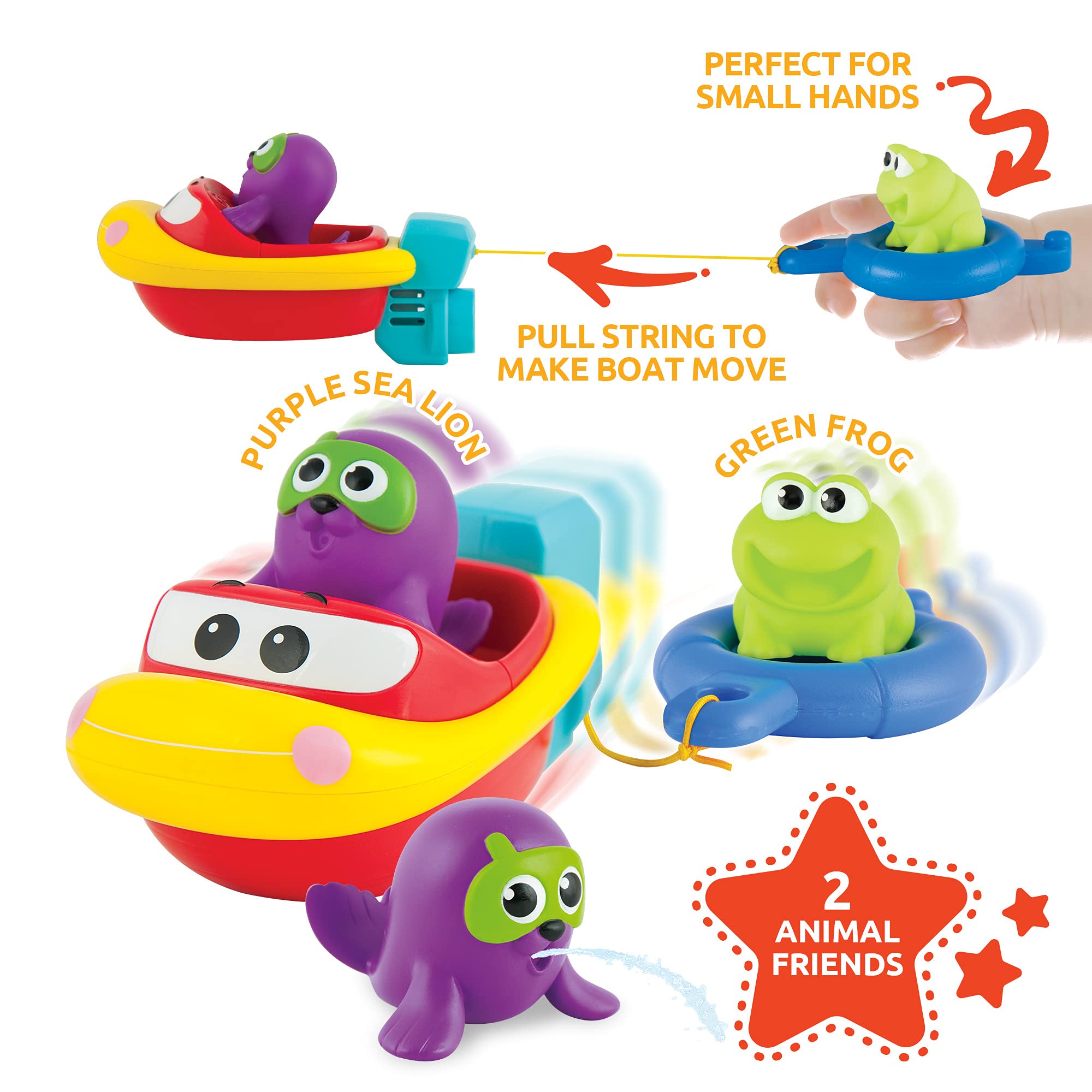 KiddoLab Pull 'N Go Boat Seat - Baby Bath Toys for Toddlers 18+ Months - Bathtub & Pool Floating Toy with Squirt Animals - BPA-Free, Durable Plastic Bath Toy for Boys & Girls - Perfect for Water Play, Sensory Development & Early Learning