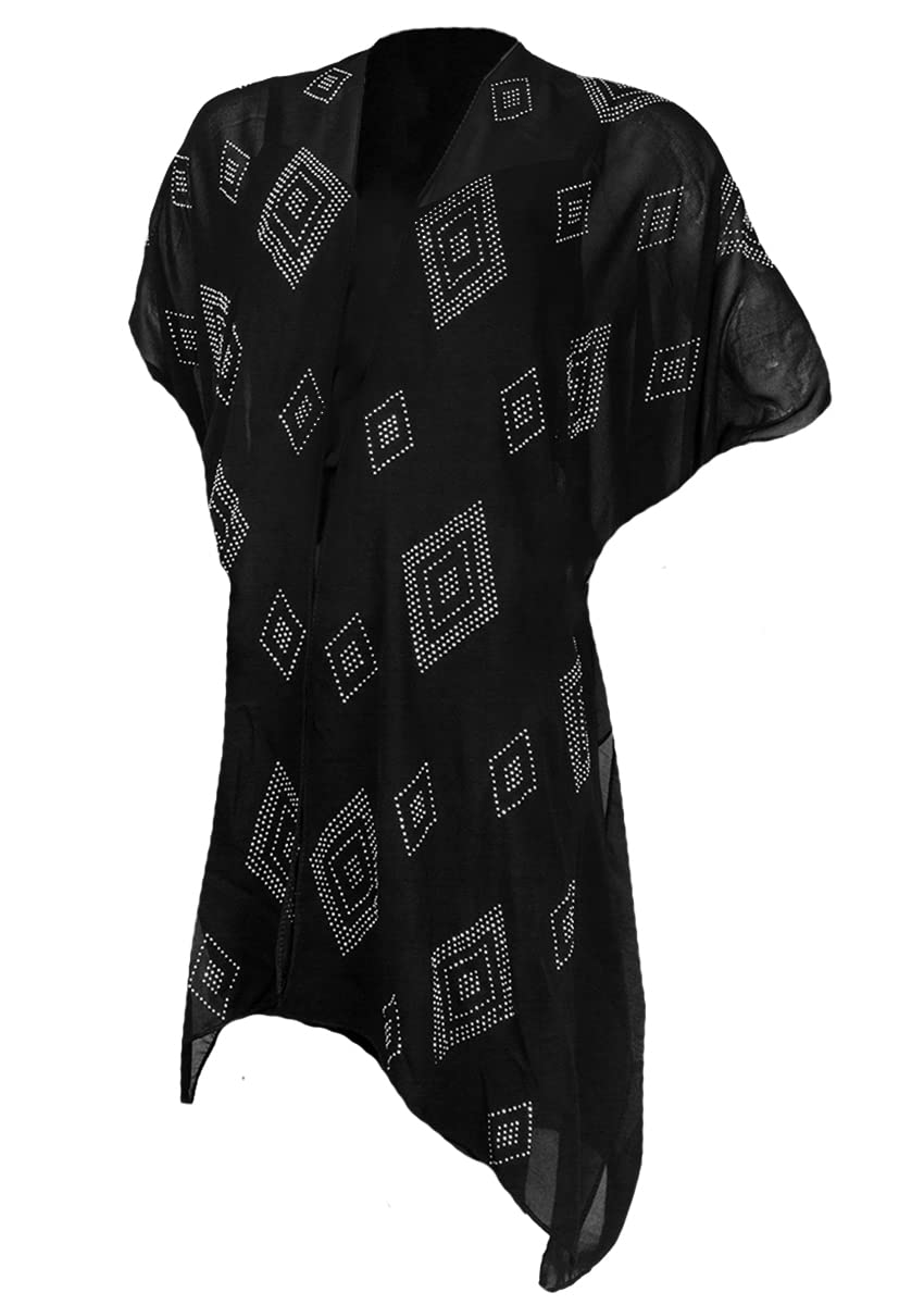 Jessica McClintock Rose Chain Print Rhinestone Sheer Cardigan Kimono Wrap - Elegant Lace Trim Cover Up for Women | Perfect for Weddings, Evening Parties & Boho Fashion