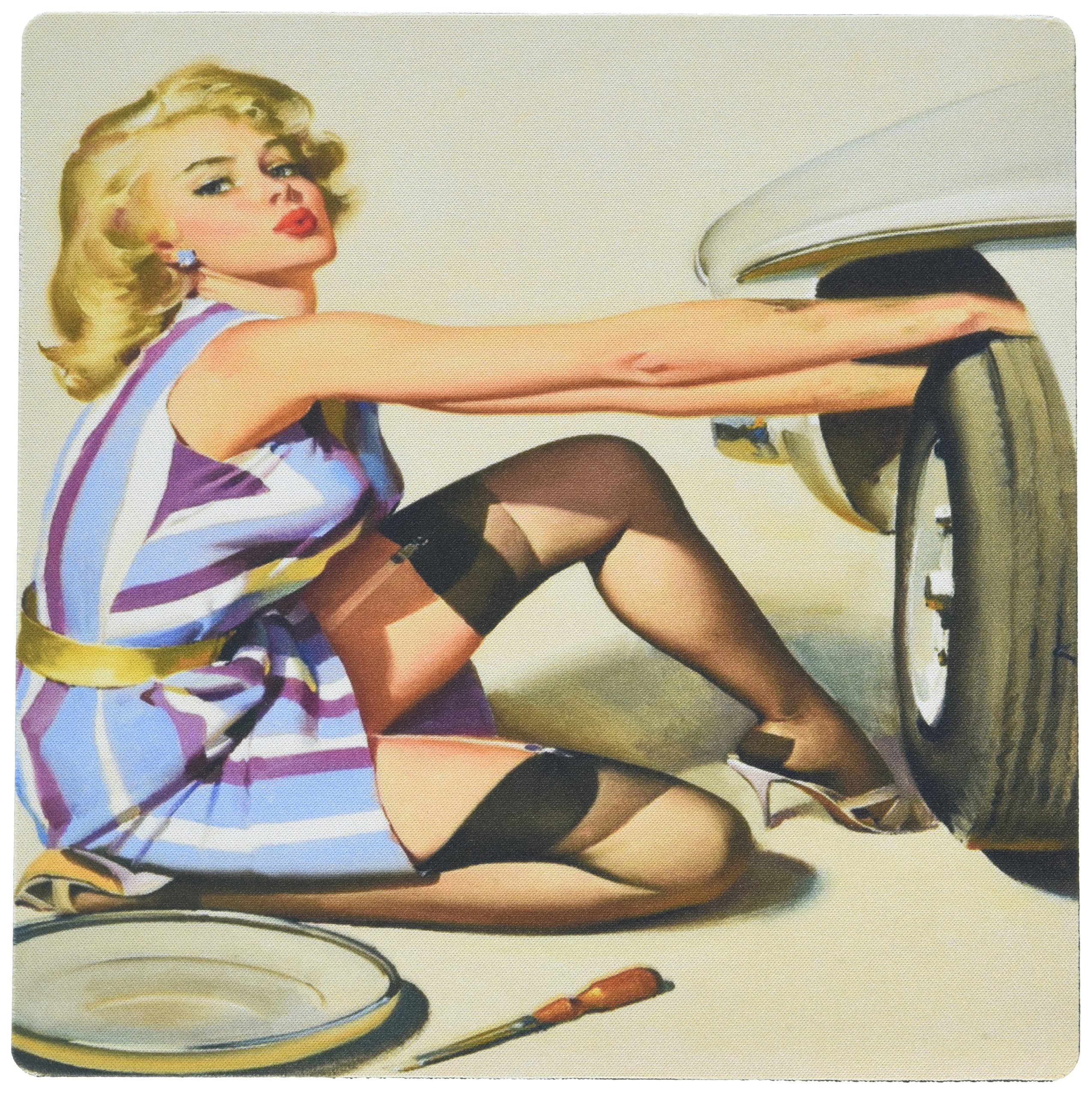 3D Rose Vintage Elvgren Pinup Mouse Pad - Retro Car Tire Change Art - Non-Slip Rubber Base for Office & Gaming Desks - Perfect for Computer Workstations & Home Office Decor