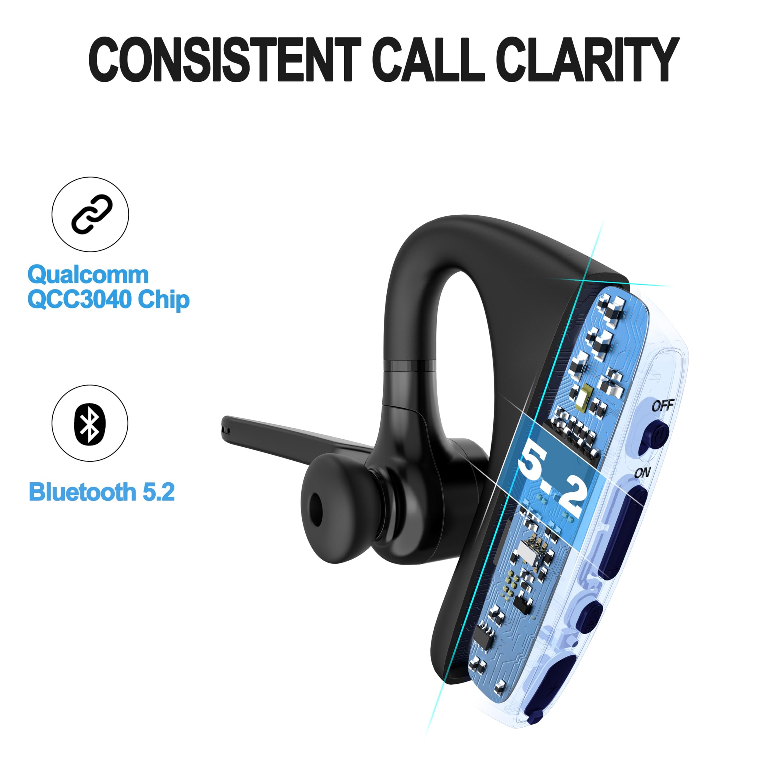 Conambo K10C Bluetooth Headset V5.2 Wireless Earpiece - CVC8.0 Dual Mic Noise Cancelling, 16Hrs Talk Time, Compatible with iPhone & Android - Perfect for Truckers, Office Work, Driving & Conference Calls