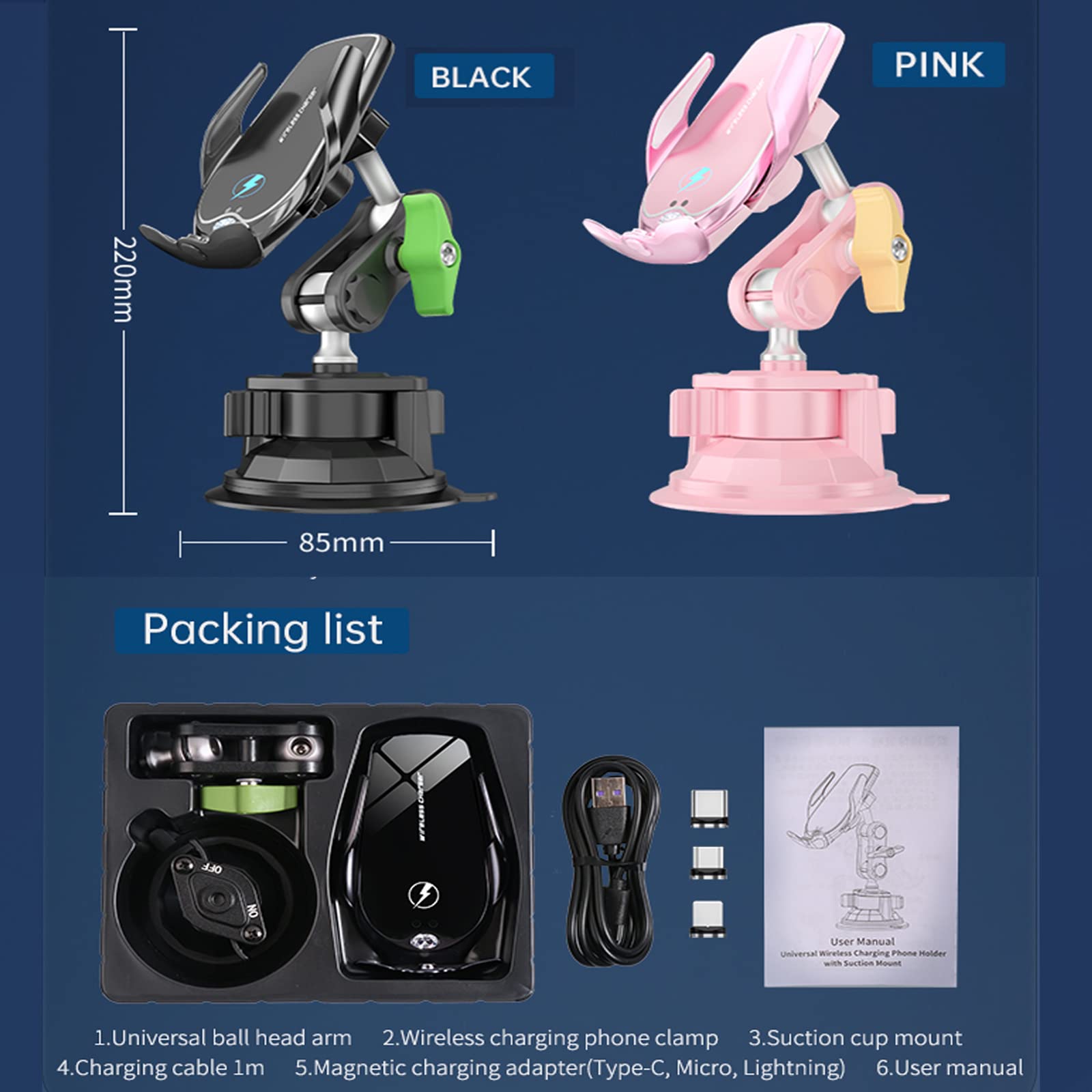 15W Fast Wireless Car Charger Mount - Auto-Clamping Phone Holder with 360° Rotating Ball Head for iPhone, Samsung & Smartphones - Universal Windshield & Dashboard Mount (Black) - Perfect for Commuting, Road Trips & GPS Navigation