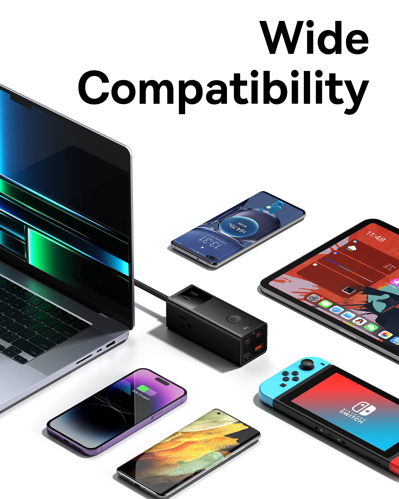 Baseus PowerCombo Pro 65W 7-in-1 USB Charging Station with Surge Protection - 3 AC Outlets, 2 USB-C & 2 USB-A Ports - Fast Charger for MacBook, iPhone, Samsung, iPad - Perfect for Home Office, Travel & Workspace Charging Needs