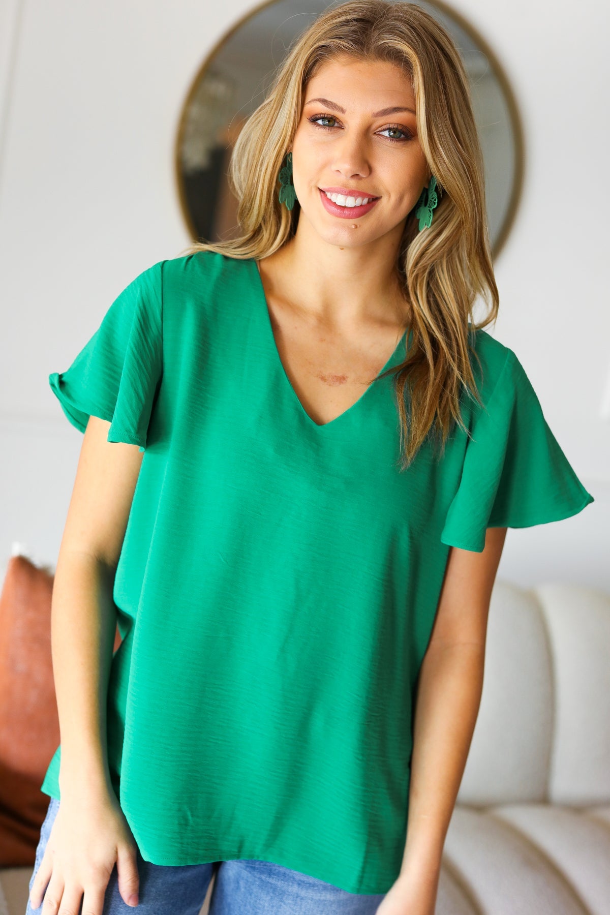 Stylish Emerald Green Flutter Sleeve V-Neck Blouse for Women | Trendy Party & Date Night Top | Perfect for Casual Outings & Summer Fashion