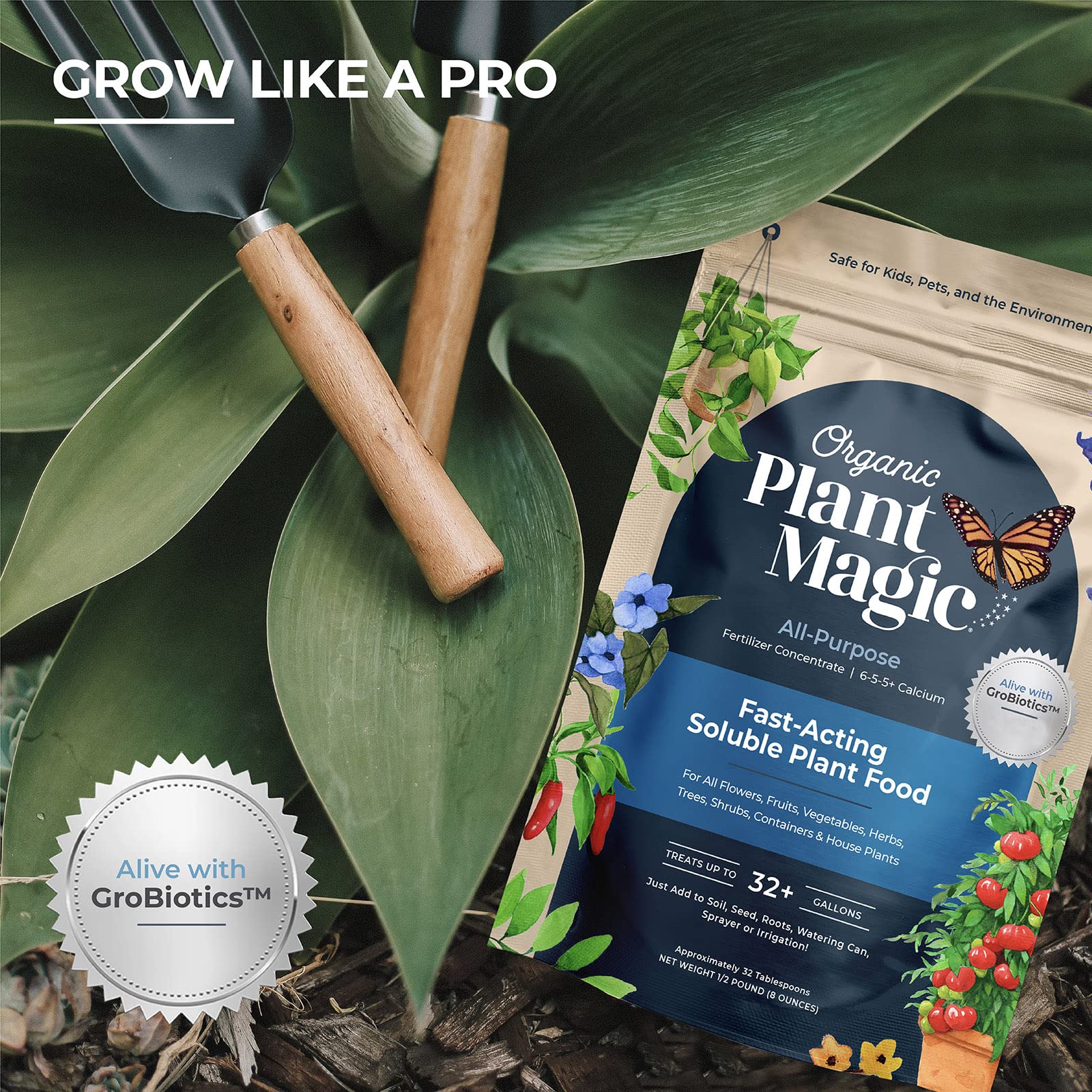 Organic Plant Magic - Truly Organic™ Fast-Acting Soluble Plant Food: All-Purpose Fertilizer Concentrate for Flowers, Vegetables, Herbs, Fruits, Trees & Shrubs - Ideal for Container Gardens, Houseplants & Indoor/Outdoor Use [Two 1 lb Bags] - Perfect for Boosting Growth in Home Gardens, Greenhouses & Urban Farming
