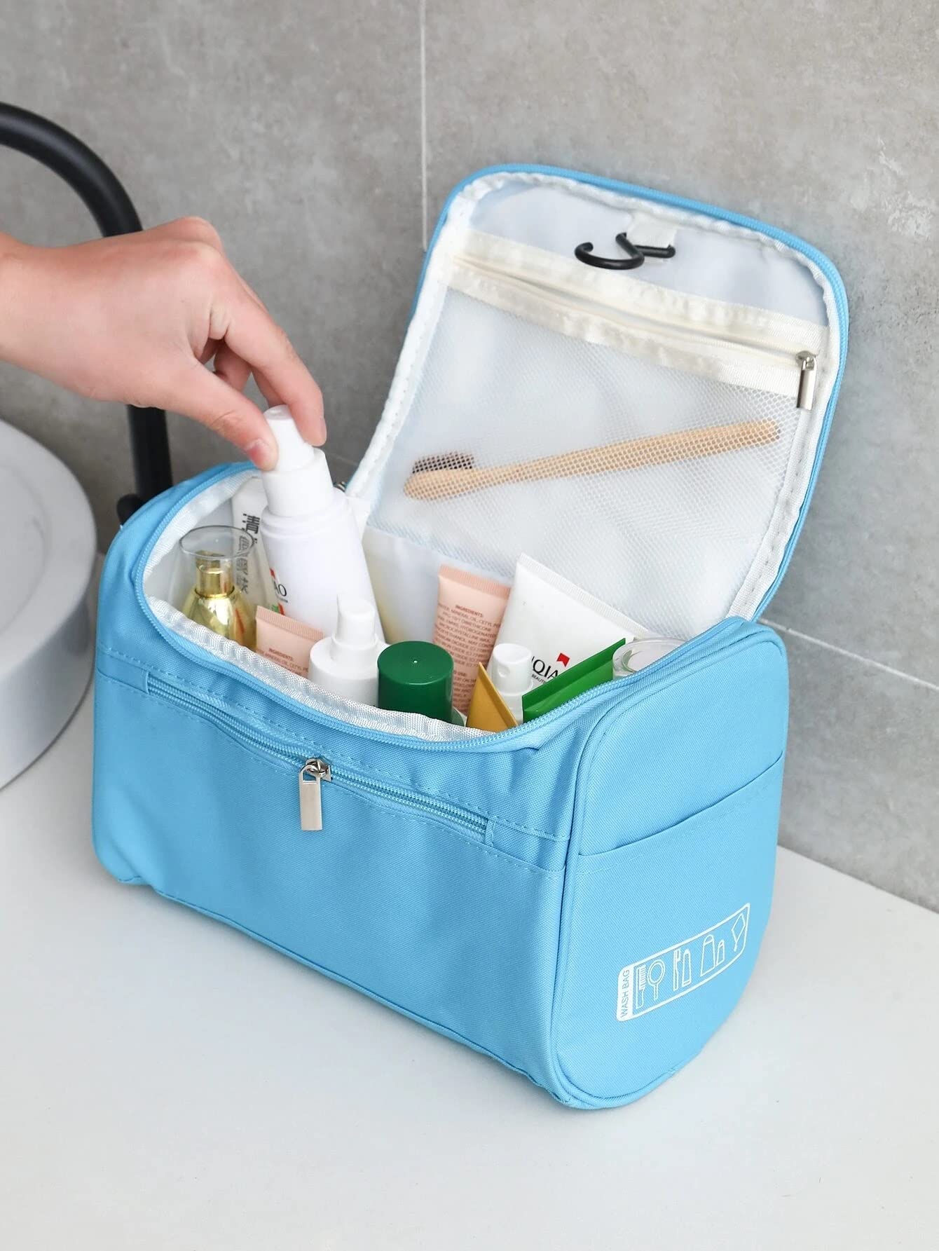 FYCAN Waterproof Makeup Bag with Brush Holder - Travel Cosmetic Organizer for Women & Girls (Sky Blue) - Perfect for Purse & Toiletry Storage