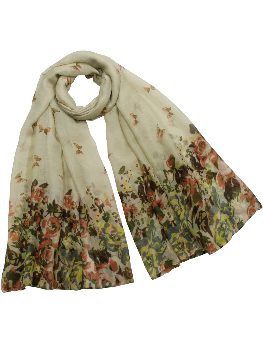 Butterfly Flower Garden Sheer Long Scarf Shawl - Lightweight Floral Print Wrap for Women - Perfect for Spring Outfits, Beach Cover-ups, and Evening Elegance