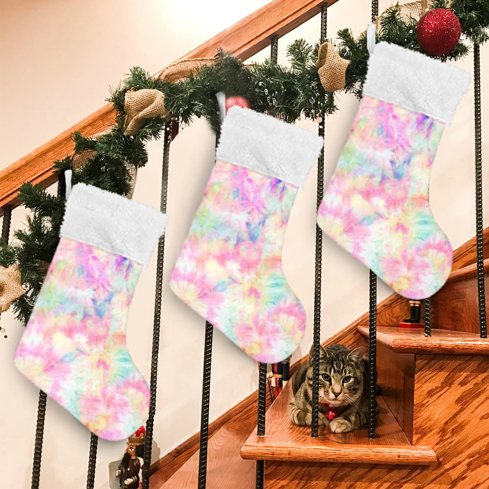 ALAZA 18 Inch Christmas Stockings - Burlap with Large Pink Tie Dye & Plush Faux Fur Cuff - Holiday Stockings for Family, Xmas Party Decor - Perfect for Fireplace Mantel, Gift Filling & Festive Home Decor
