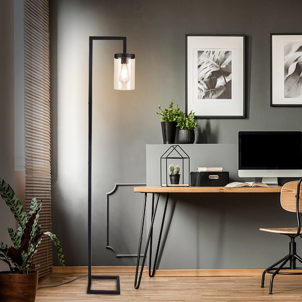 Modern Industrial Square Base Floor Lamp - Rustic Farmhouse Metal Standing Light with Hanging Glass Shade, Tall Pole Reading Lamp for Living Room, Bedroom & Office (Bulb Included) | Perfect for Cozy Reading Nooks, Home Office Lighting & Living Room Ambience