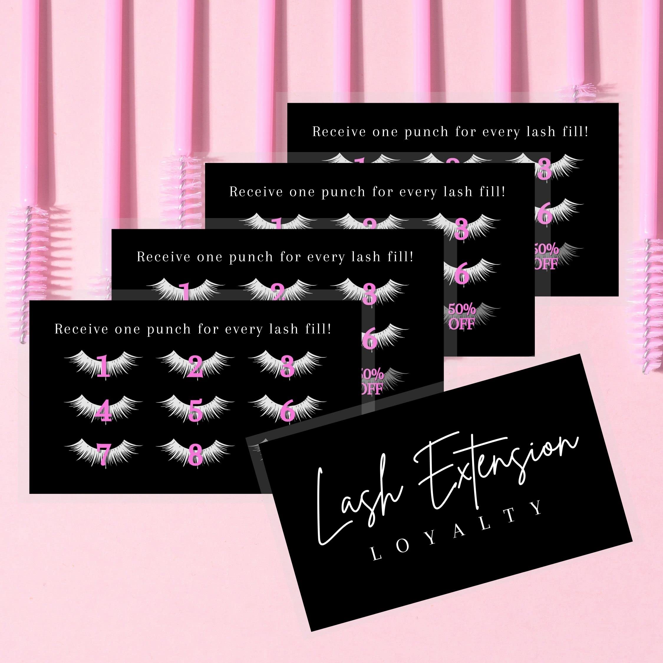 50 Pack Lash Extension Loyalty Punch Cards | 2x3.5 Inch Eyelash Aftercare Cards | Minimalist Black & White Thank You Cards for Lash Artists | Matches Intake Forms & Symbols | Perfect for Client Retention & Salon Marketing
