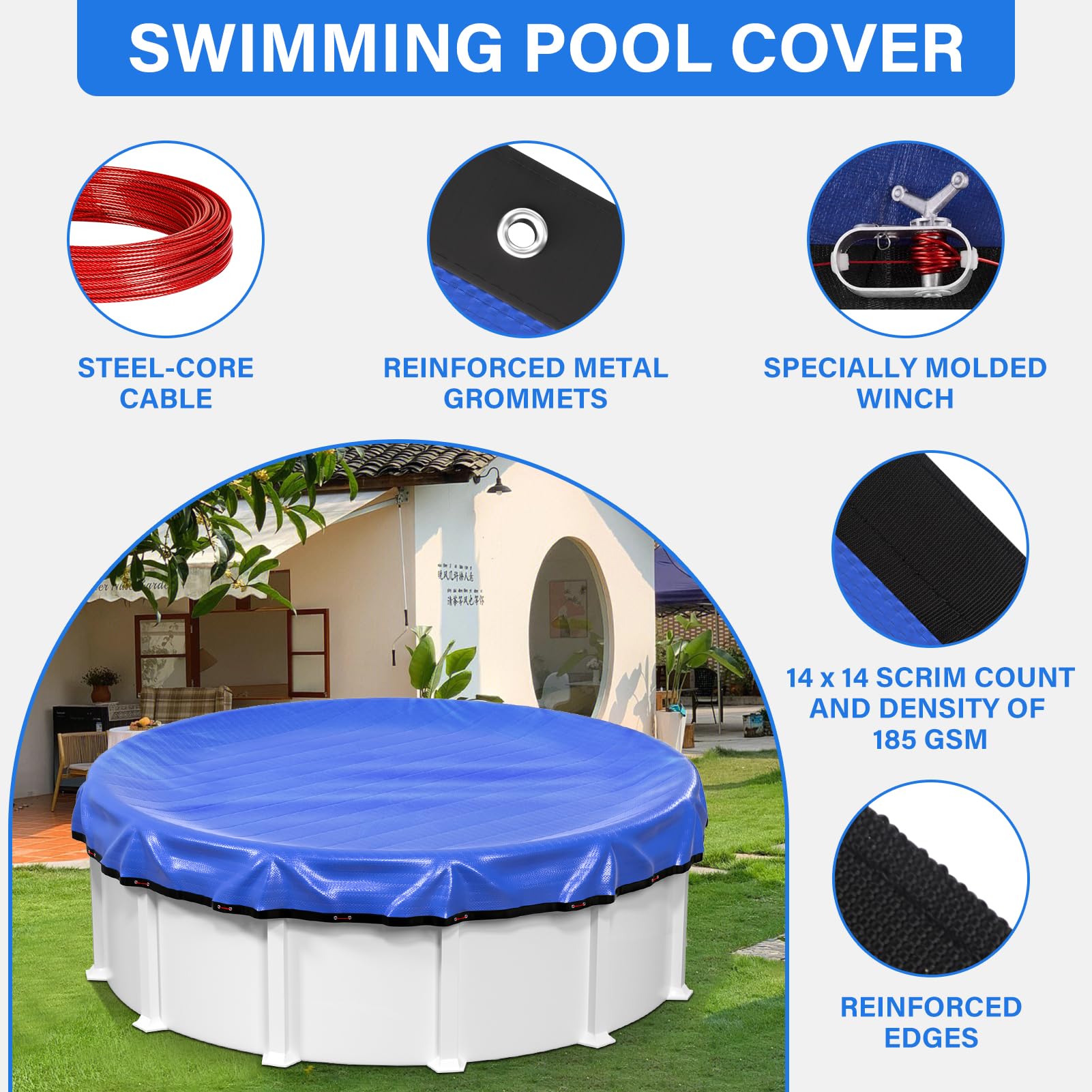 24FT Round Winter Pool Cover 420D Extra Thick Above Ground Pool Cover with Winch & Cable - Heavy Duty Cold Weather Protection for Inground Pools, Royal Blue - Perfect for Winterizing and Protecting Your Pool from Debris, Ice, and Snow